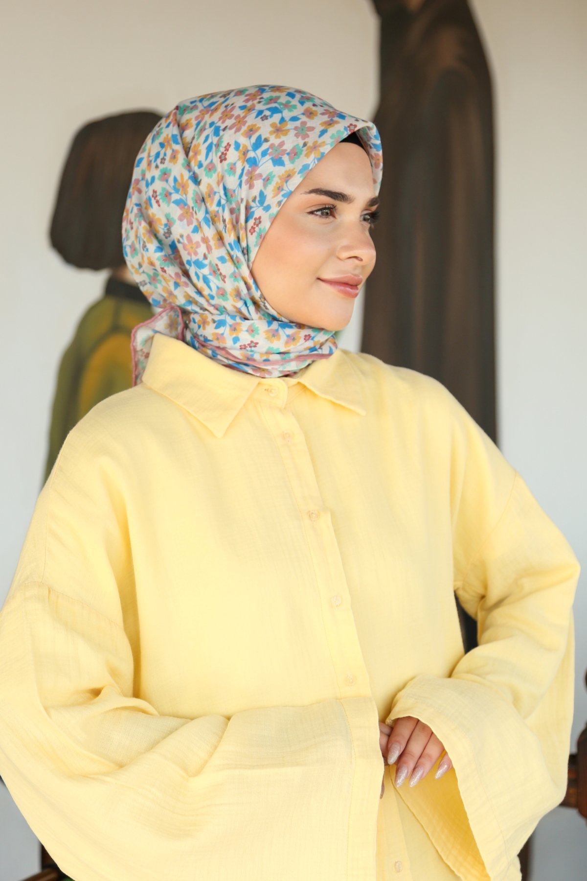 Tesettürnağme Soft Pamuk Eşarp TN2008 - Krem-Mavi-Hardal-09