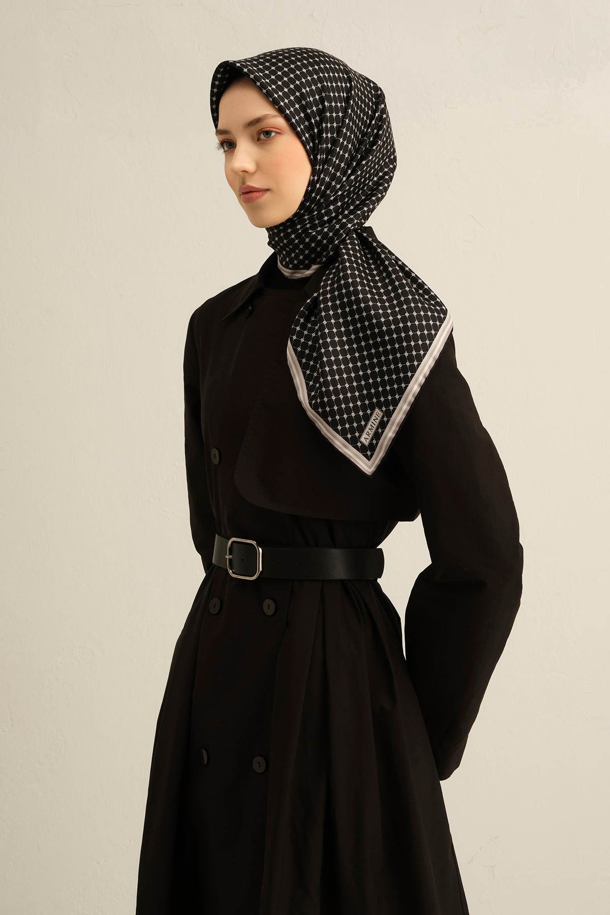 Armine Sura İpek Eşarp 9345DS - Siyah-Beyaz-10