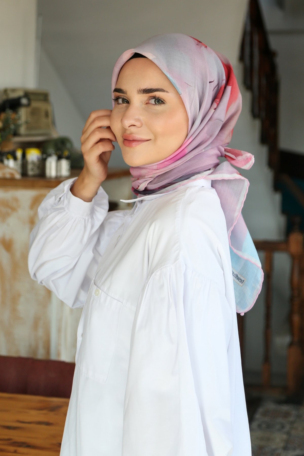 Tesettürnağme Soft Pamuk Eşarp TN2007 - Buz Mavisi-Pembe-10