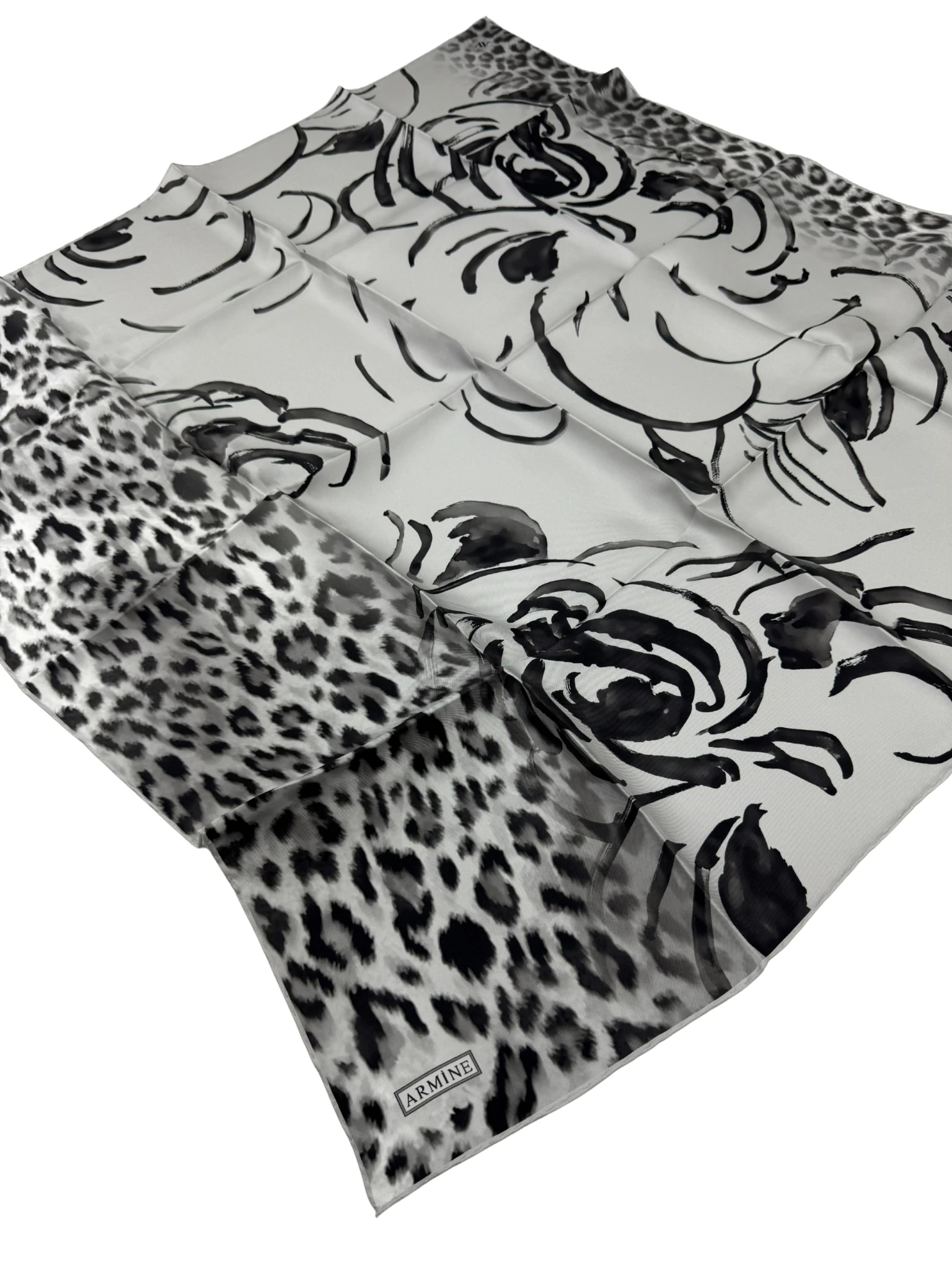 Armine Nostalji Serisi Twill İpek Eşarp 9355D - Gri-Siyah-09