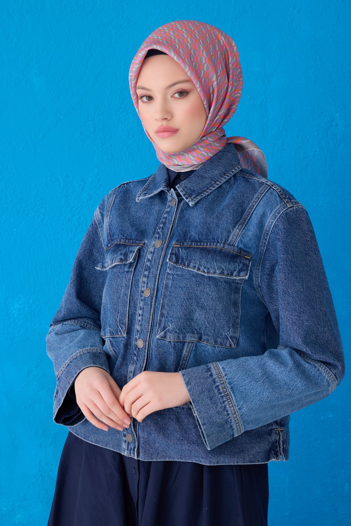 Belli Twill İpek Eşarp 4124D - GRİ-TURUNCU