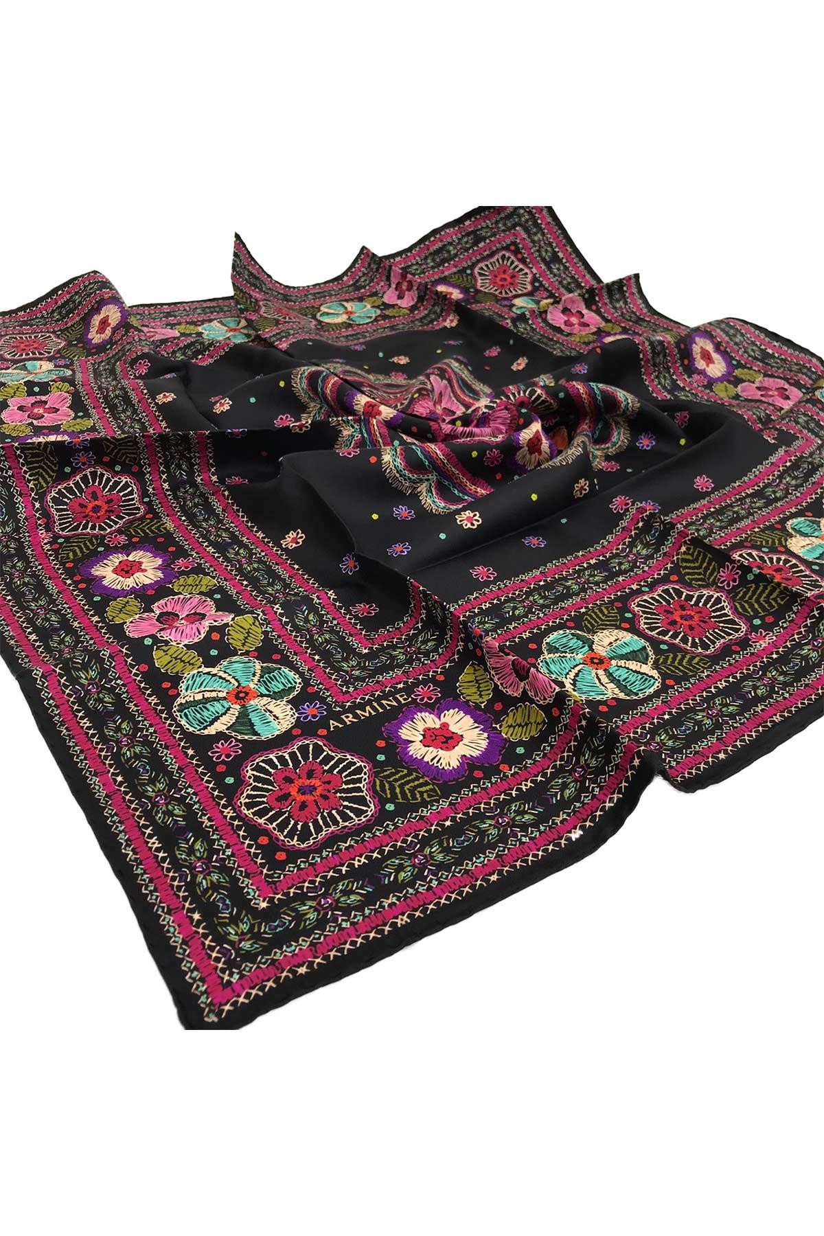 Armine Nostalji Serisi İpek Twill Eşarp Nakış Desen 7866D-09