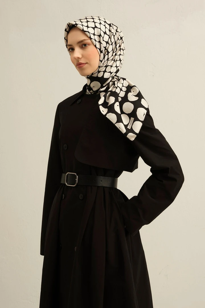 Armine Nostalji Serisi Twill İpek Eşarp 9354D - Beyaz - Siyah