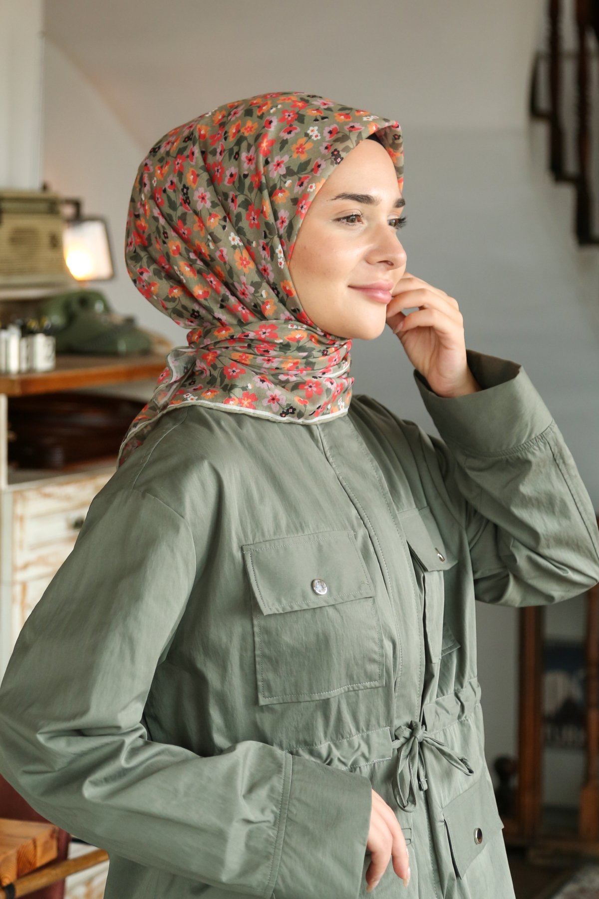 Tesettürnağme Soft Pamuk Eşarp TN2008 - Keten Yeşili-Somon-04