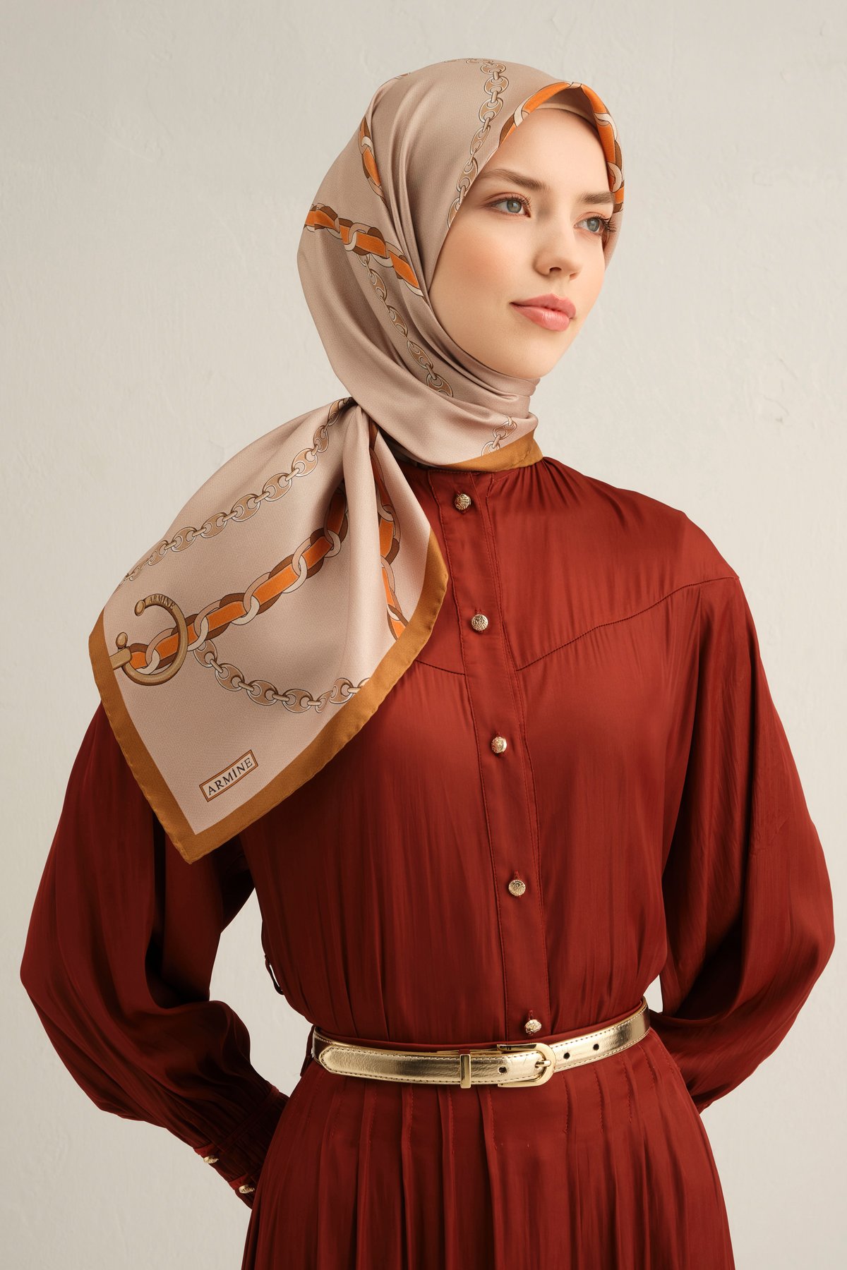 Armine Sura İpek Eşarp 9346DS - Vizon-Gold-38
