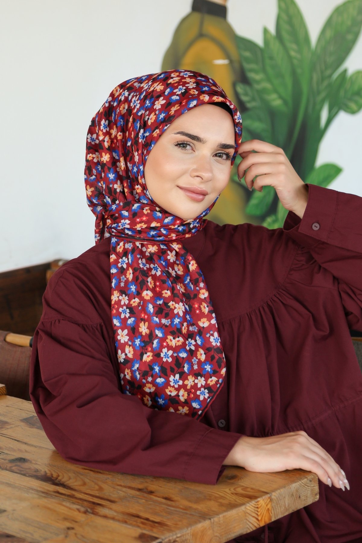 Tesettürnağme Soft Pamuk Eşarp TN2008 - Bordo-Sarı-Mavi-13
