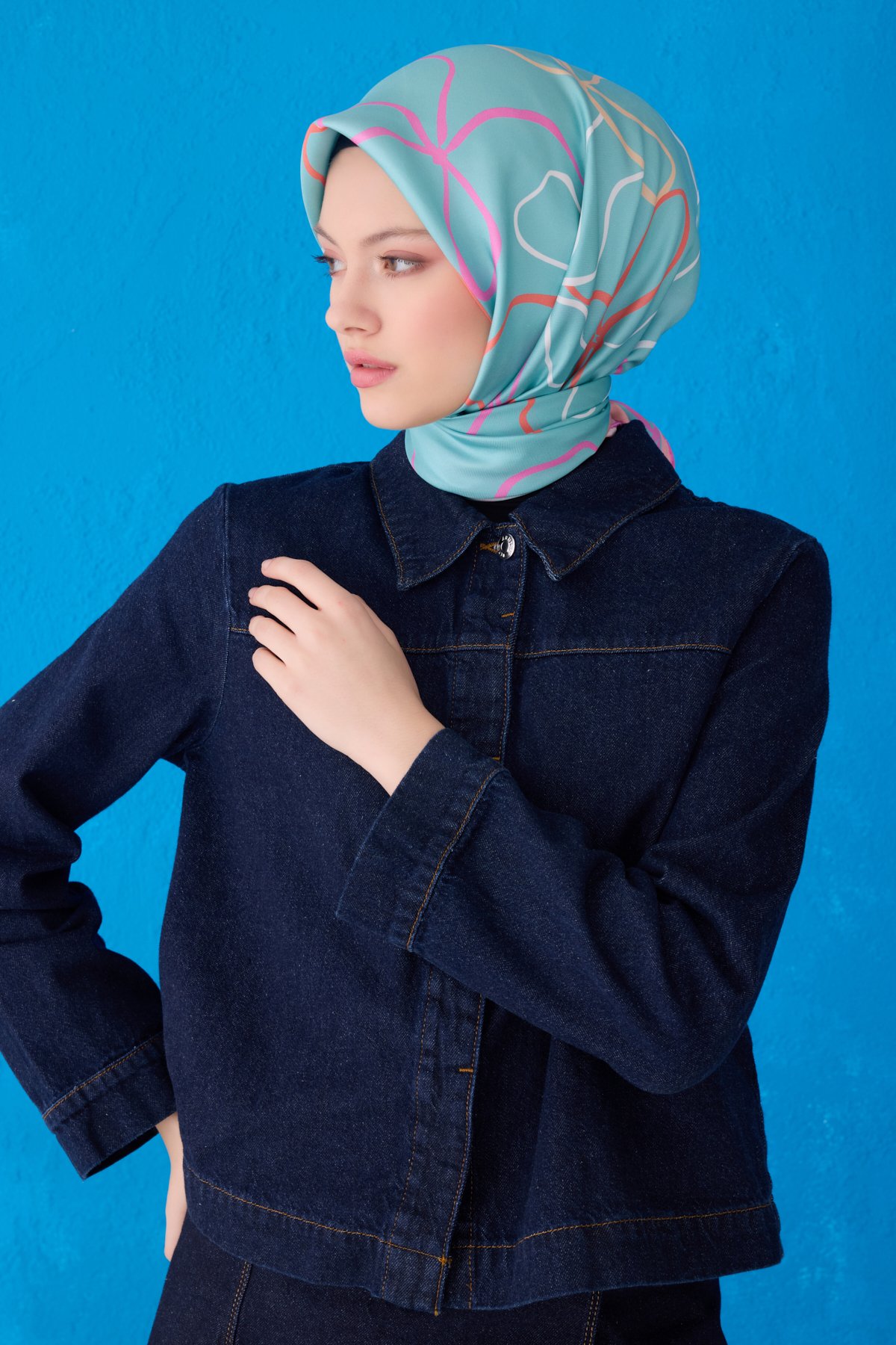 Belli Twill İpek Eşarp 4113D - Su Yeşili - Çok Renkli