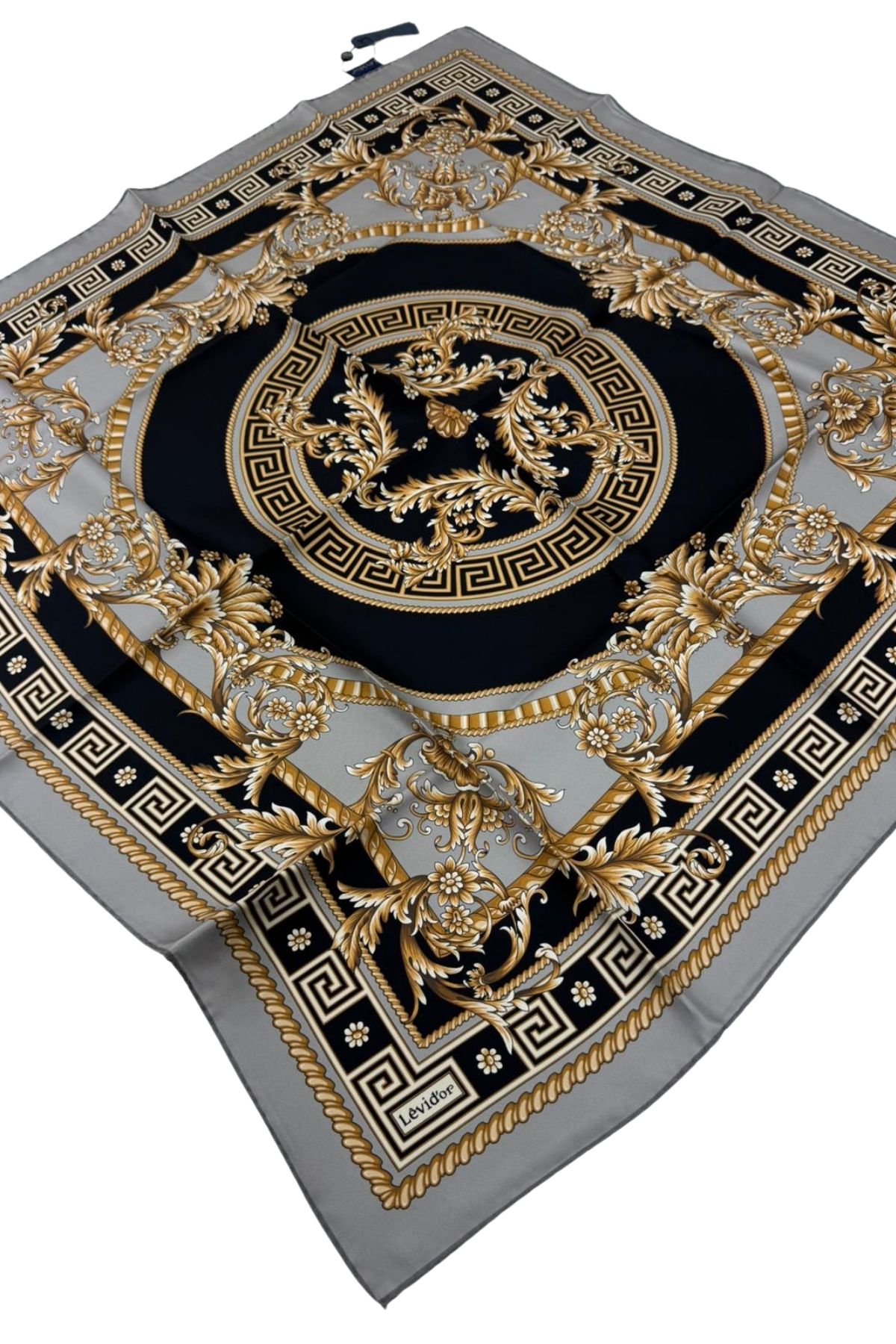 Levidor Twill İpek Eşarp LD1139 - 01-Gri-Siyah-Gold