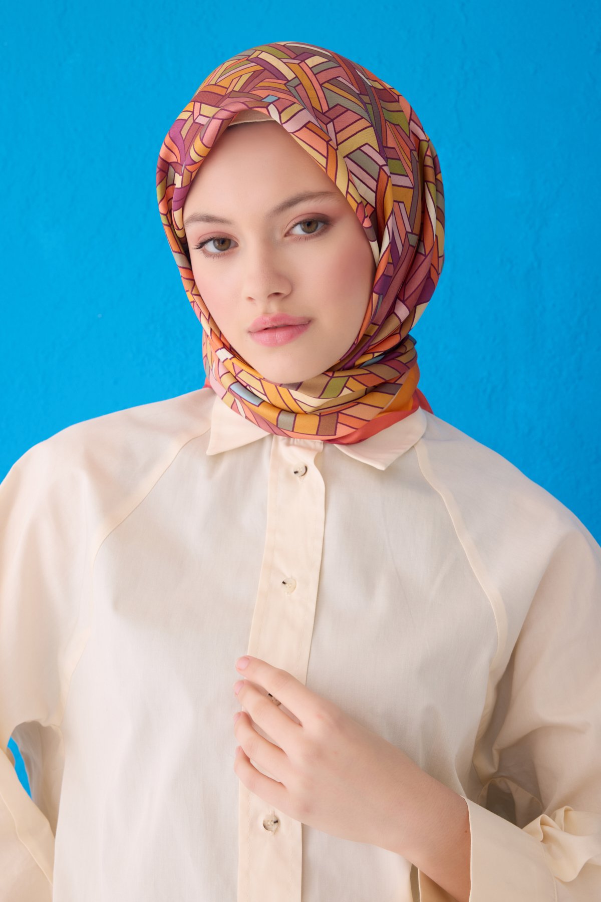 Belli Twill İpek Eşarp 4119D - Turuncu-Haki-Vizon-55