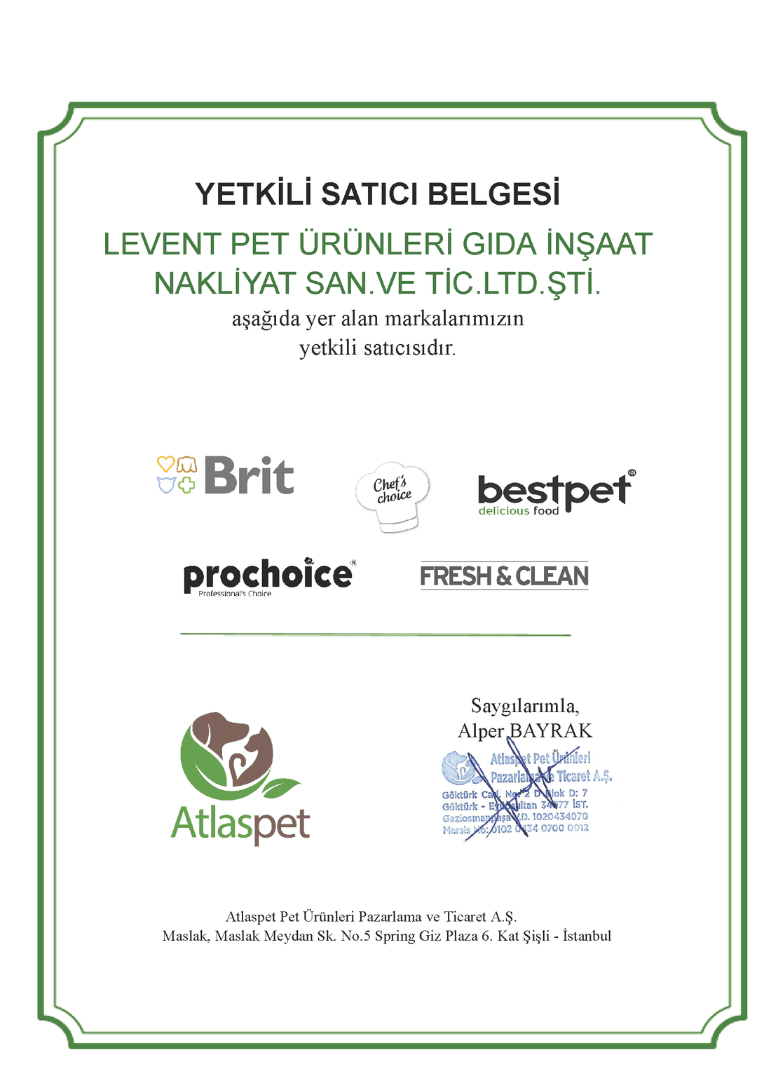 Yetkili Satıcı Belgesi