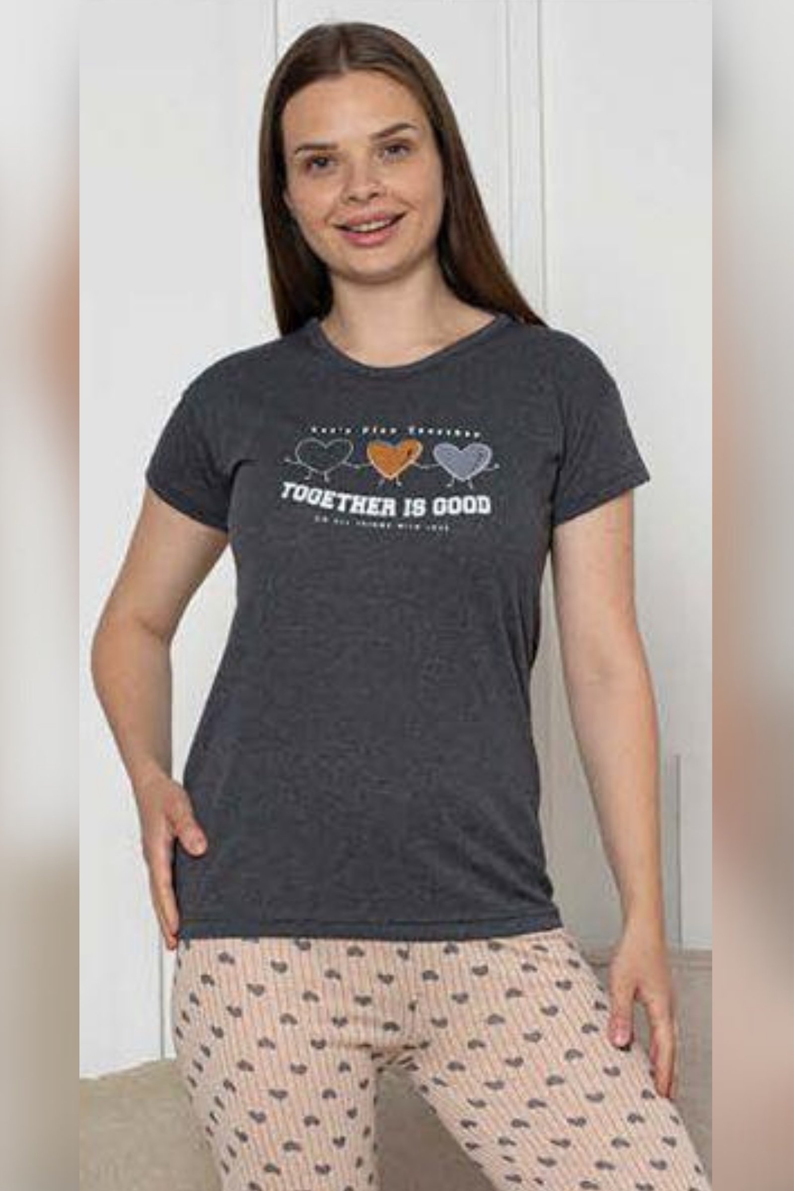 Ecodream Kısa Kollu Desenli Ekonomik Kadın Pijama Takımı - Siyah