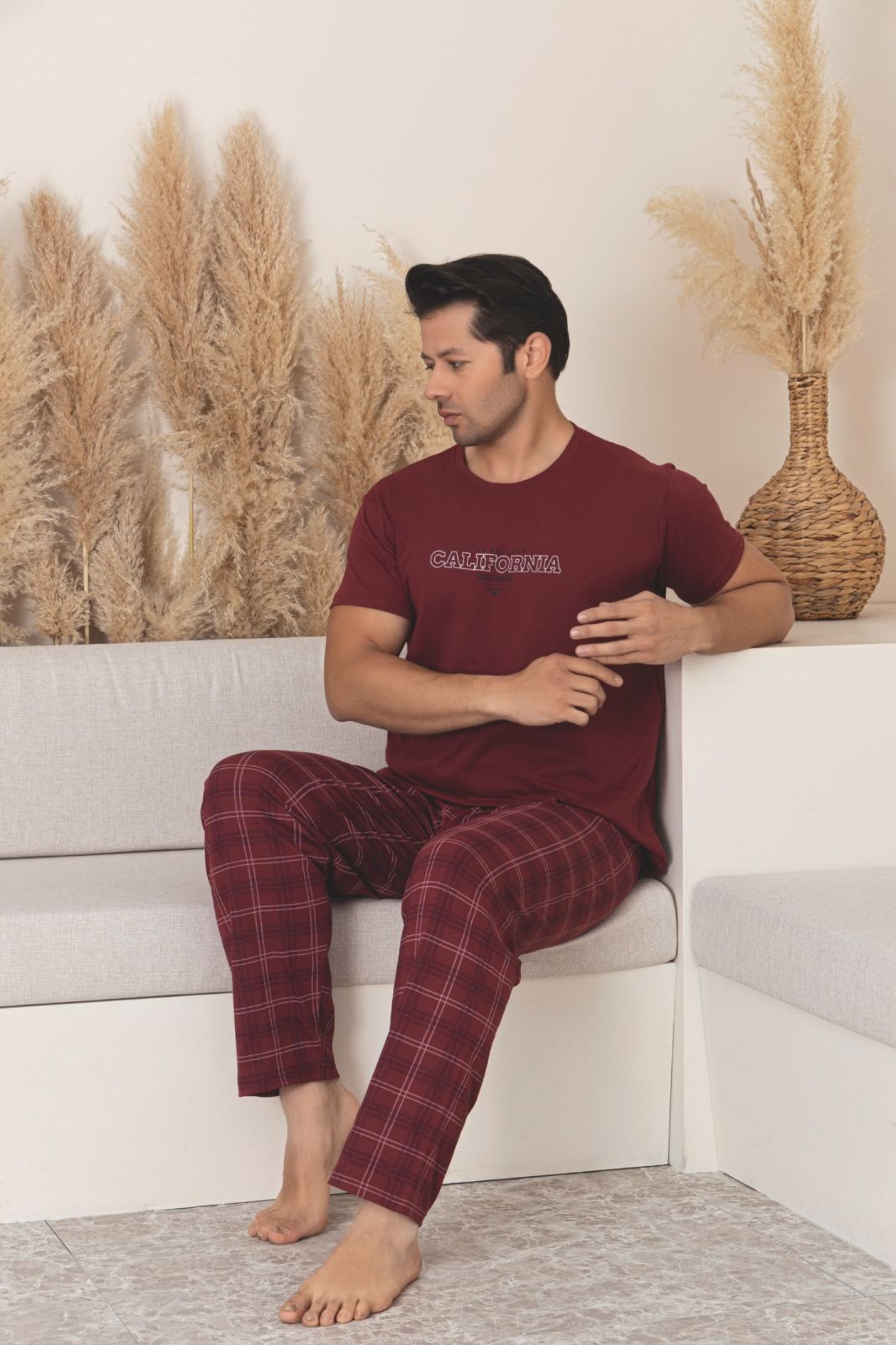 Dreamy Pamuklu Ekose Kareli Kısa Kollu Örme Erkek Pijama Takımı - Bordo