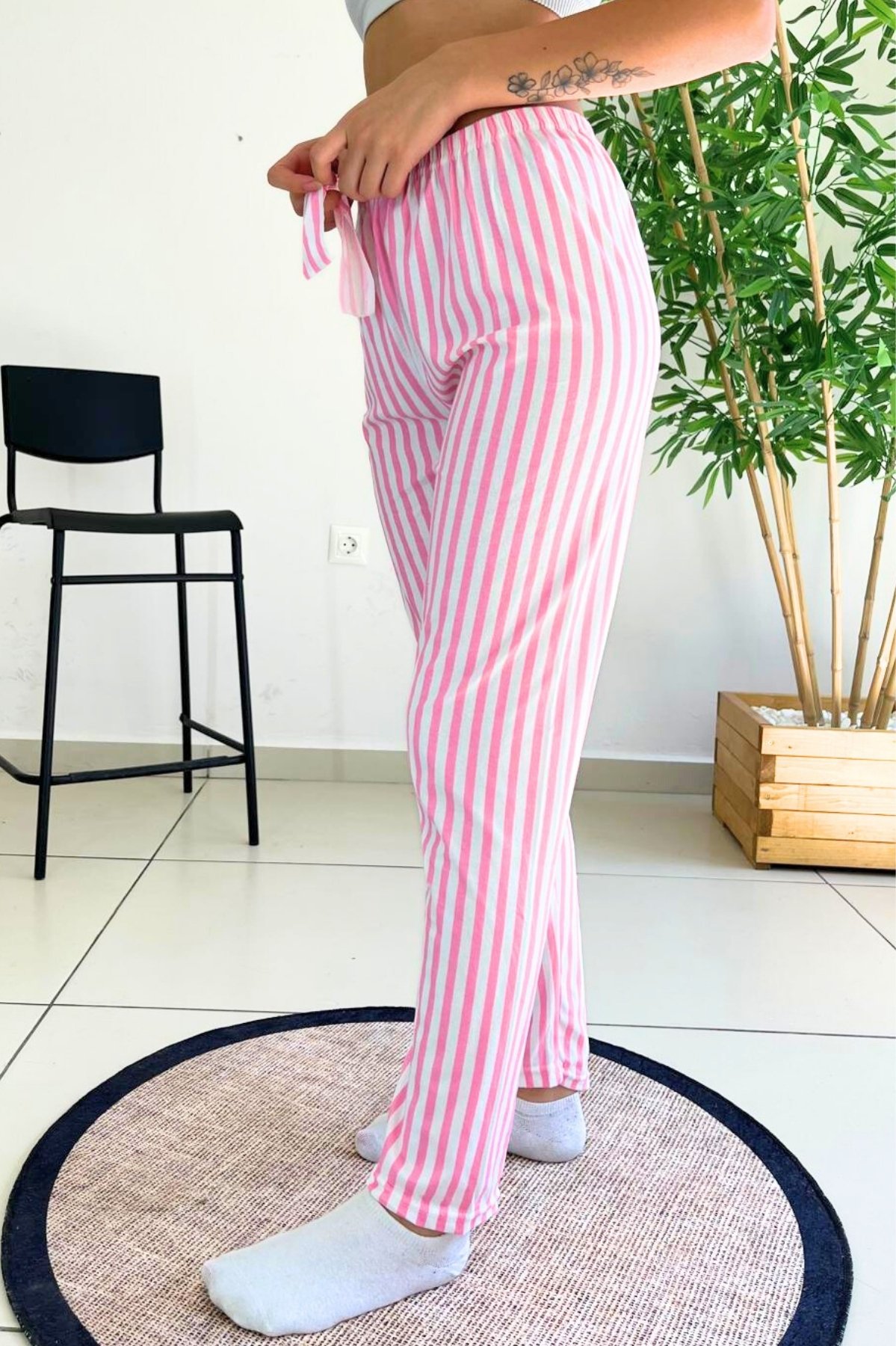 Dreamy Soft Kadife Dokulu Ekose Kareli Süet Pijama Altı Pantolon - Pembe