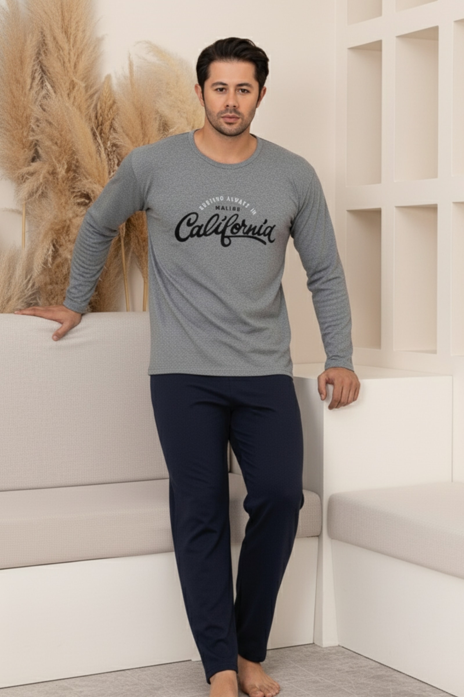 Pamuklu Kalın Kışlık 2 iplik Şardonlu Örme Erkek Pijama Takımı - Gri