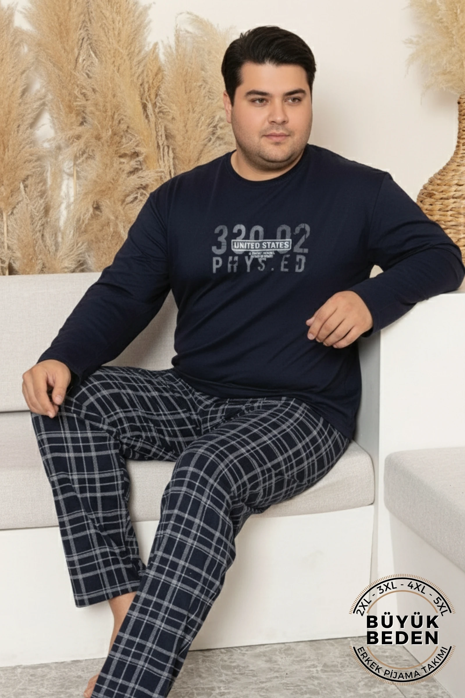 Büyük Beden Pamuklu Uzun Kollu Ekose Kareli Erkek Pijama Takımı - Lacivert