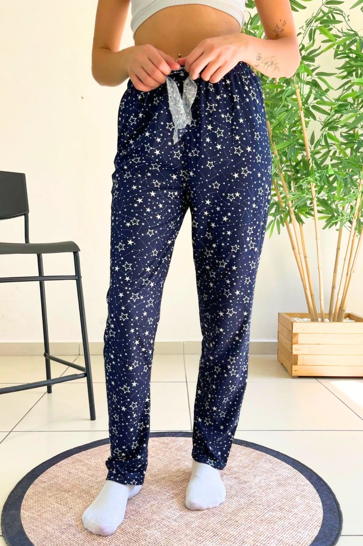 Dreamy Soft Kadife Dokulu Desenli Süet Pijama Altı Pantolon - Mavi