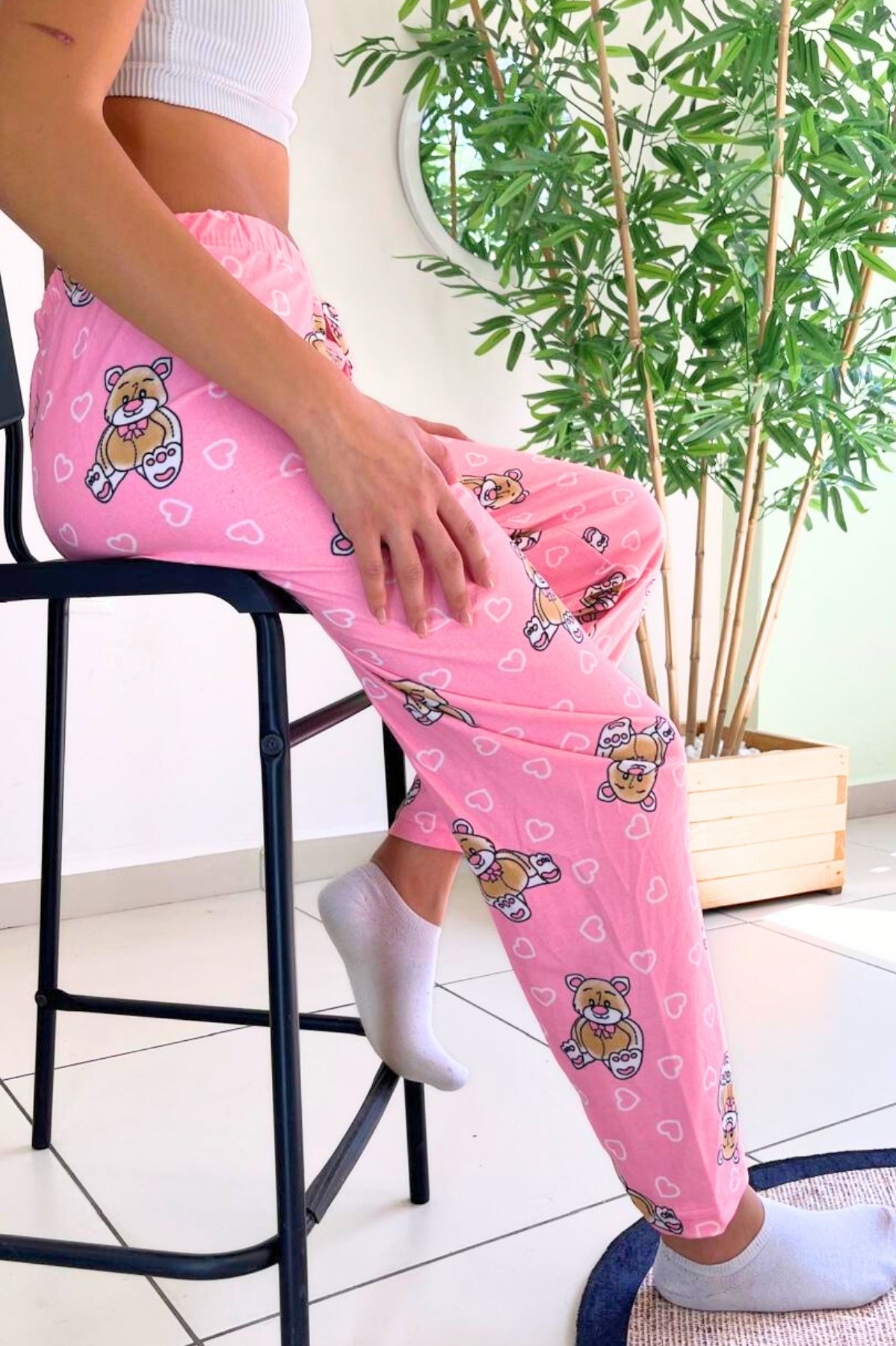 Dreamy Soft Kadife Dokulu Ayıcık Desenli Süet Pijama Altı Pantolon - Pembe