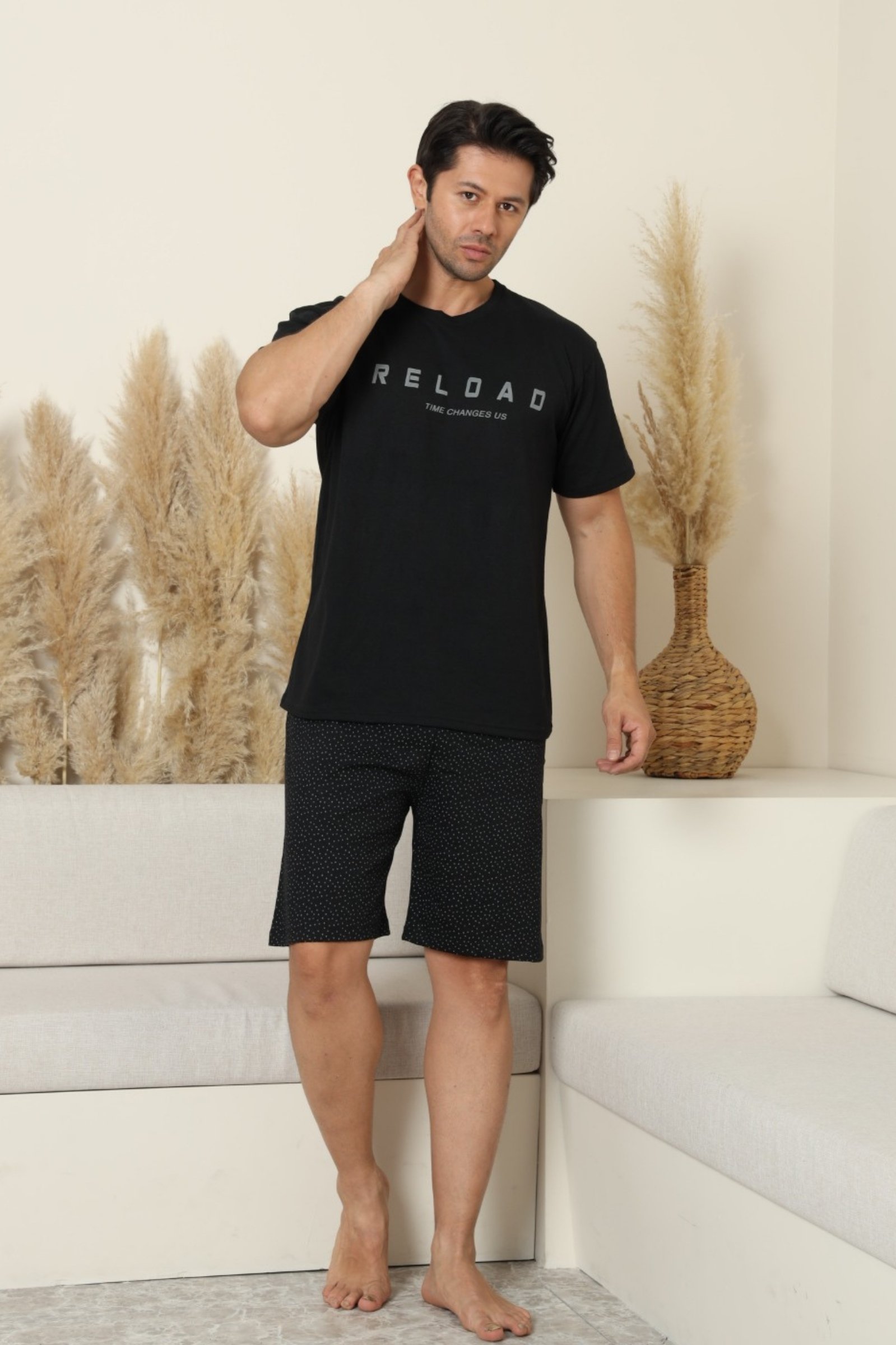 Dreamy Pamuklu Cepli Desenli Kısa Kollu Şortlu Erkek Pijama Takımı - Siyah