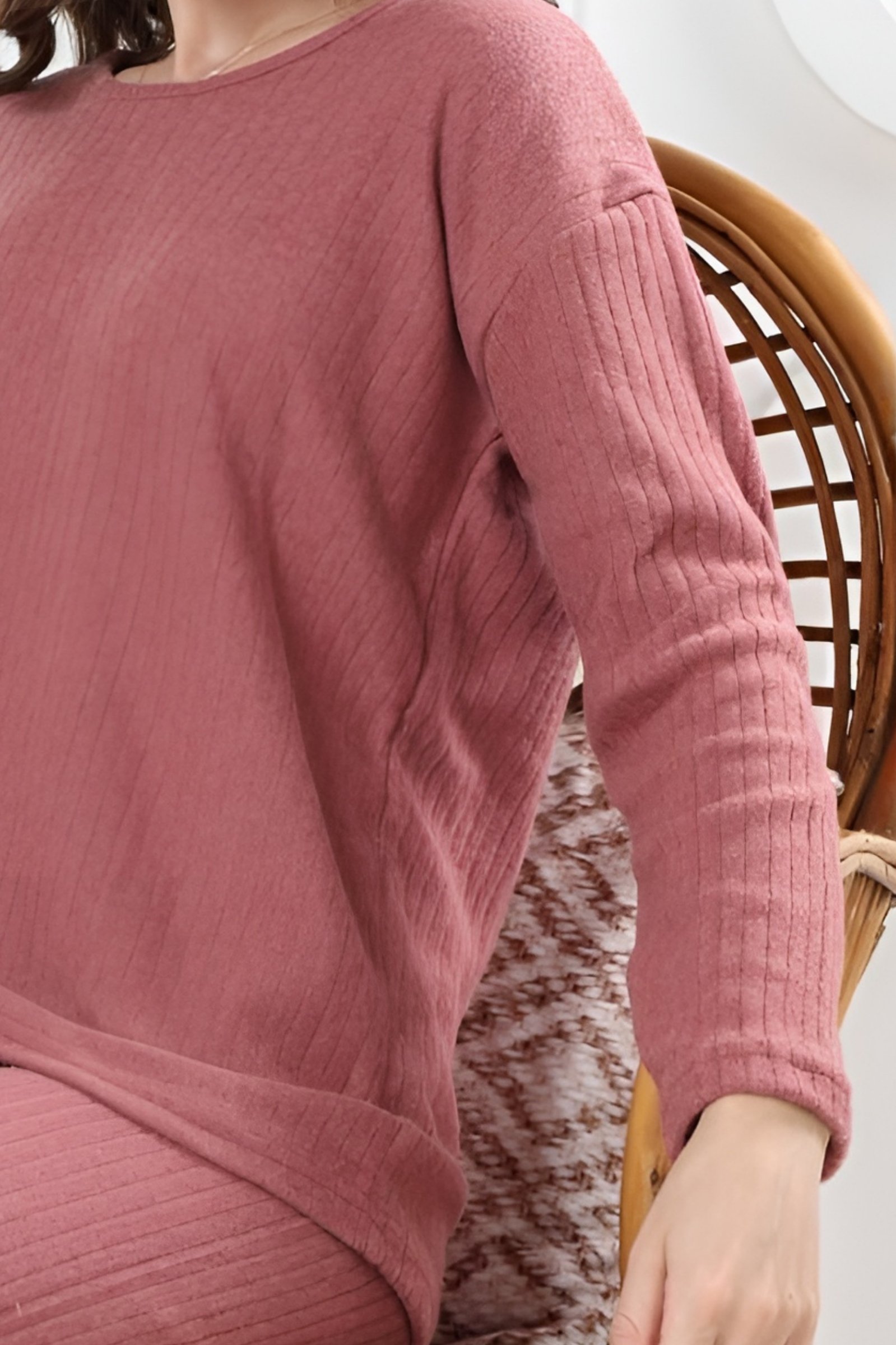 Pamuklu Kalın Kışlık İnterlok Şeritli Uzun Kollu Örme Pijama Takımı - Gül Kurusu