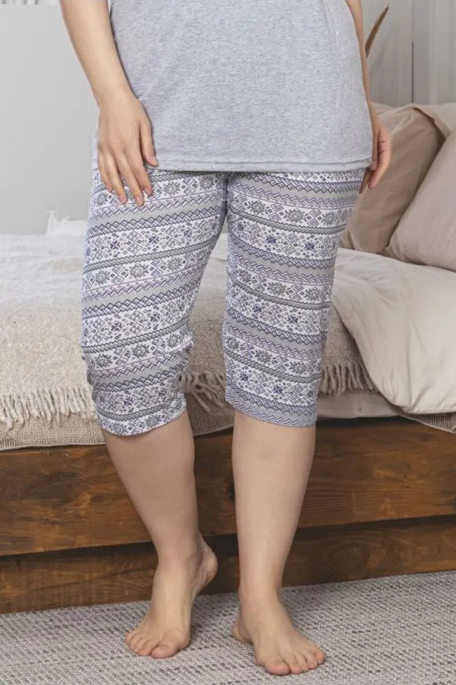 X-Dreamy Büyük Beden Pamuklu Desenli Düğmeli Yaka Kapri Pijama Takımı - Gri