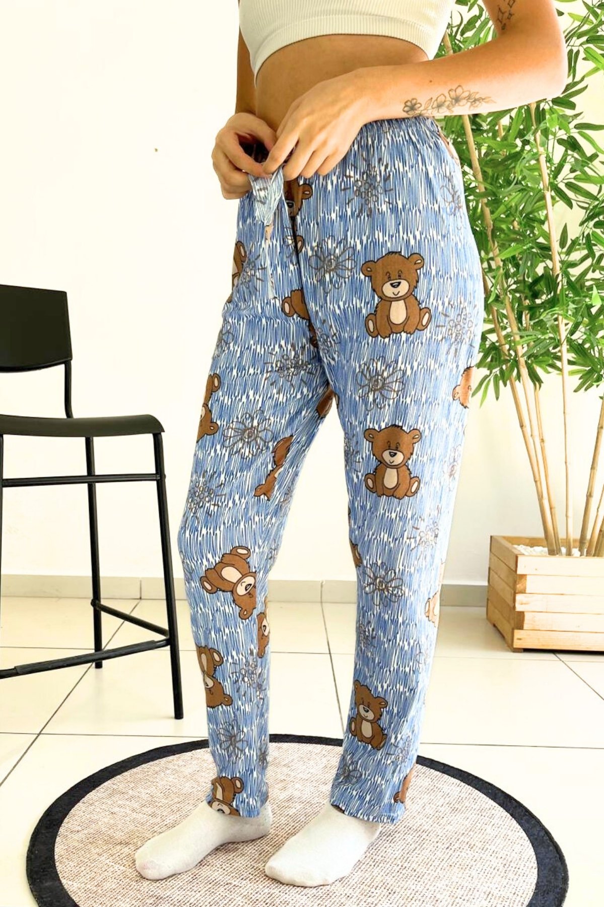 Dreamy Soft Kadife Dokulu Ayıcık Desenli Süet Pijama Altı Pantolon - Mavi