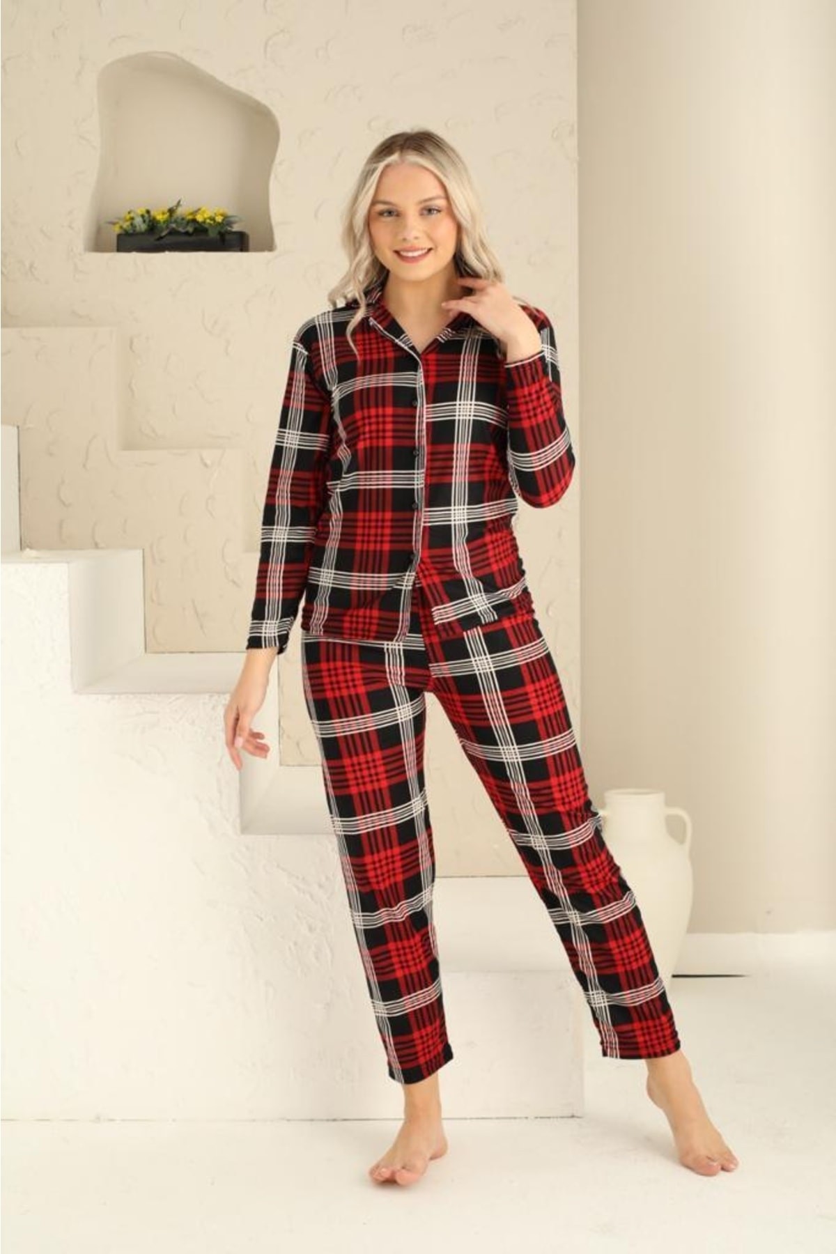 Dreamy Pamuklu Süet Ekose Desenli Pijama Altı Pantolon - Kırmızı/Beyaz