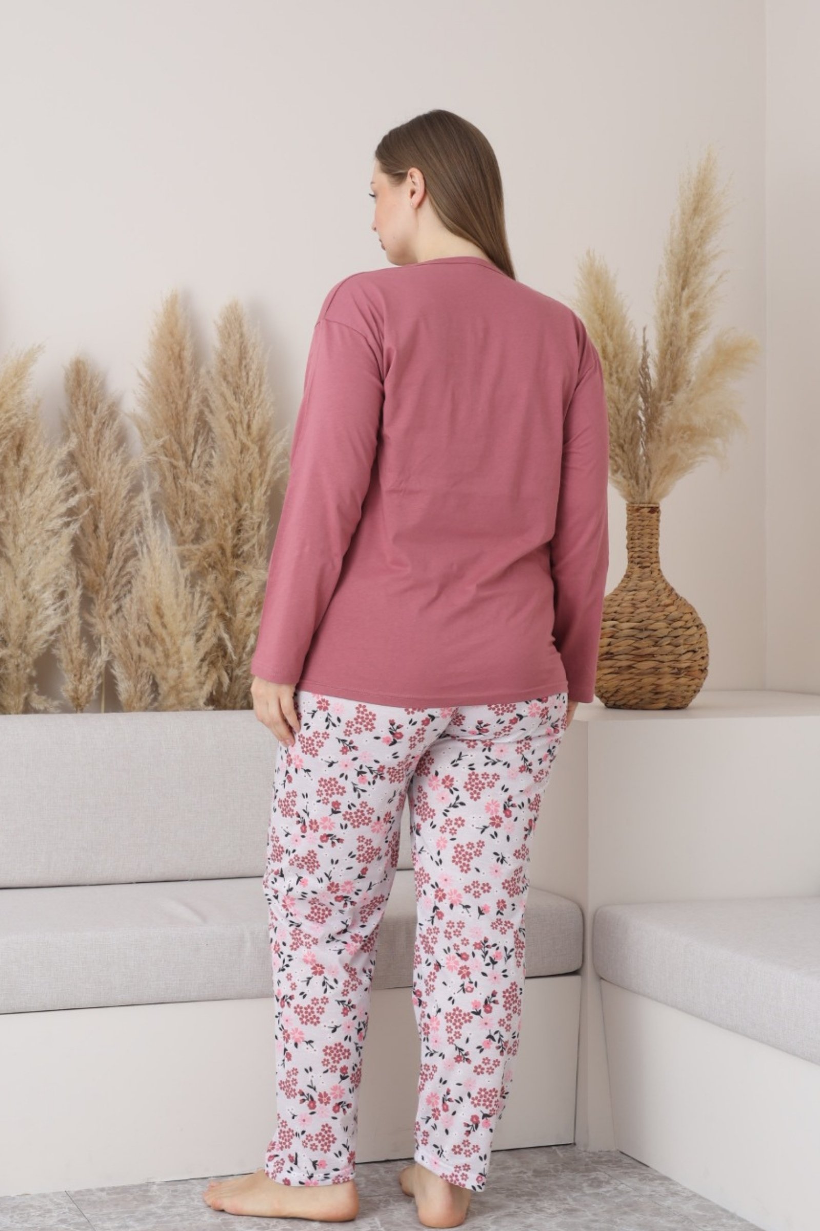 X-Dreamy Büyük Beden Pamuklu Düğmeli Yaka Uzun Kollu Penye Pijama Takımı - Yavruağzı
