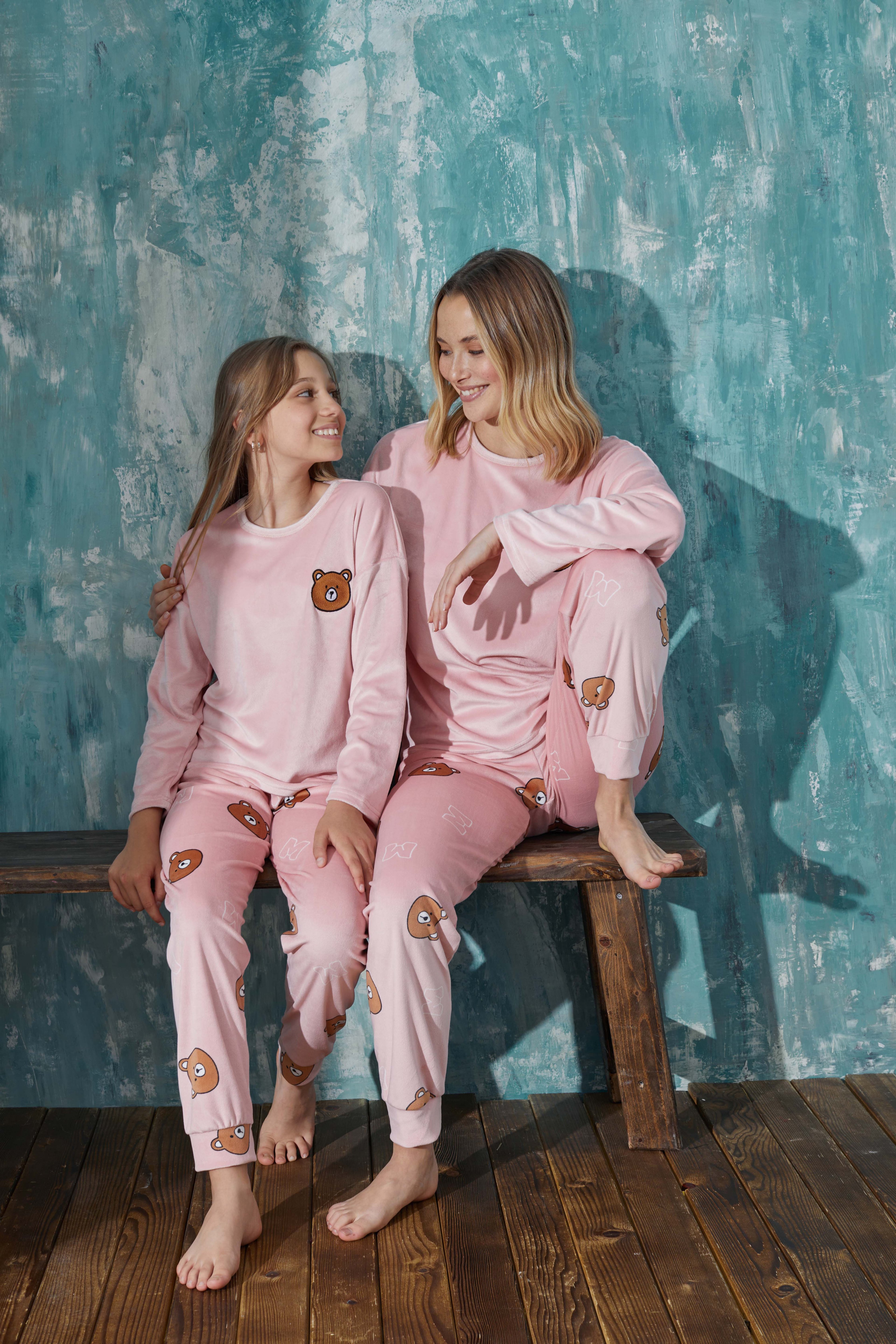 Luxury Velvet Fransız Kadife Anne Kız Kombin Pijama Takımı (Anne kız ayrı satılır) - Pembe