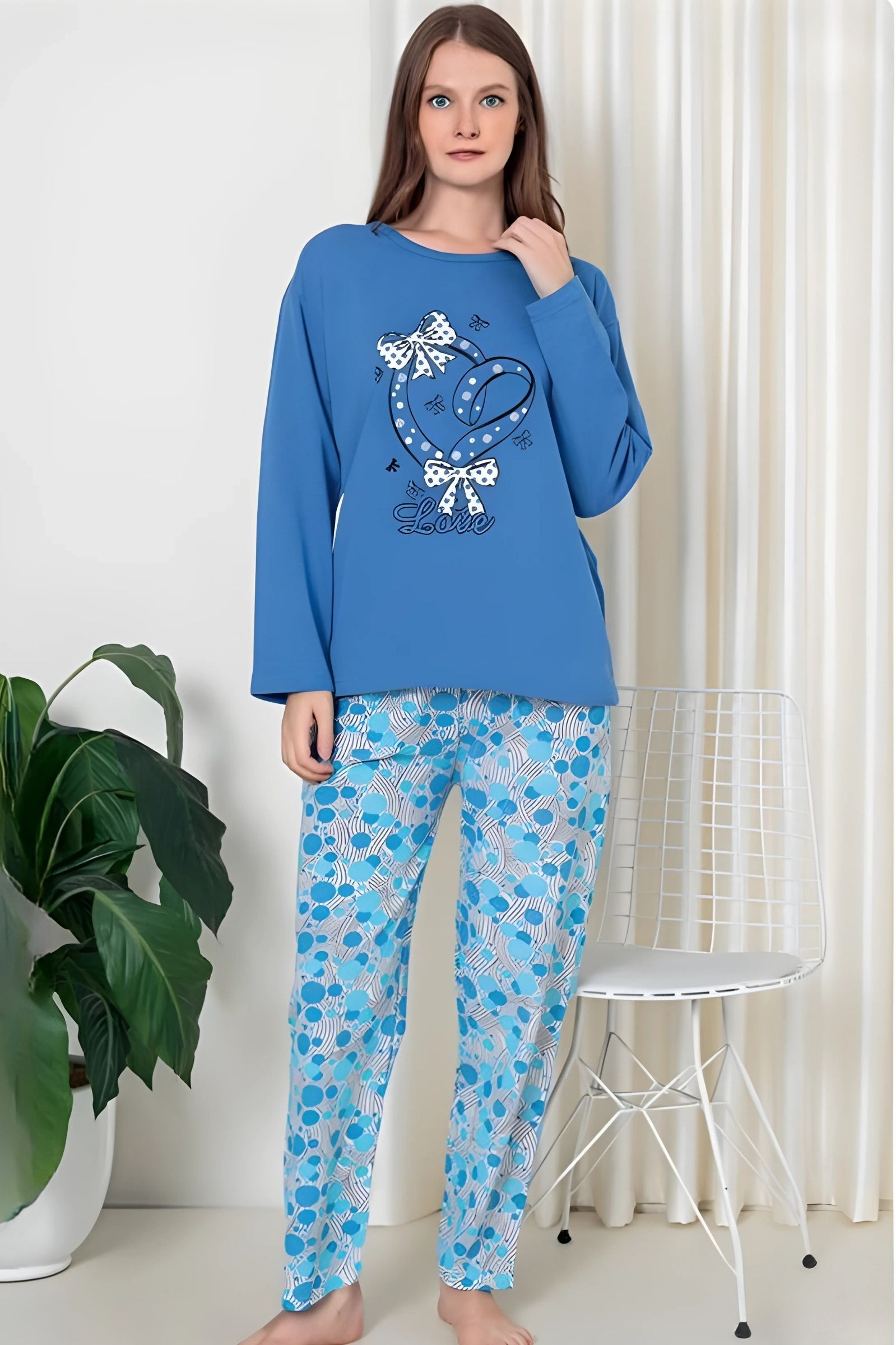 Dreamy Pamuklu Desenli 2 İplik Uzun Kollu Pijama Takımı - Mavi - Gri