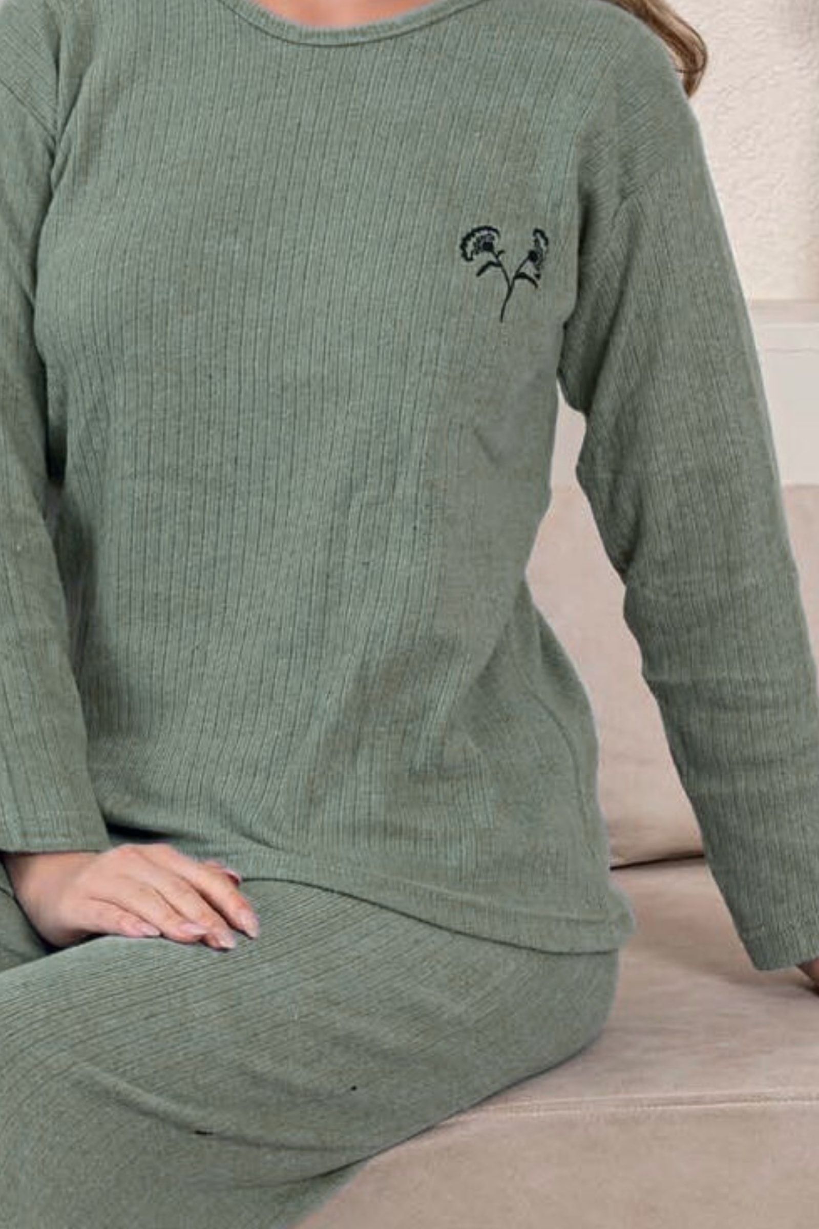 Kalın Kışlık İnterlok Şeritli Uzun Kollu Örme Pijama Takımı - Su Yeşili