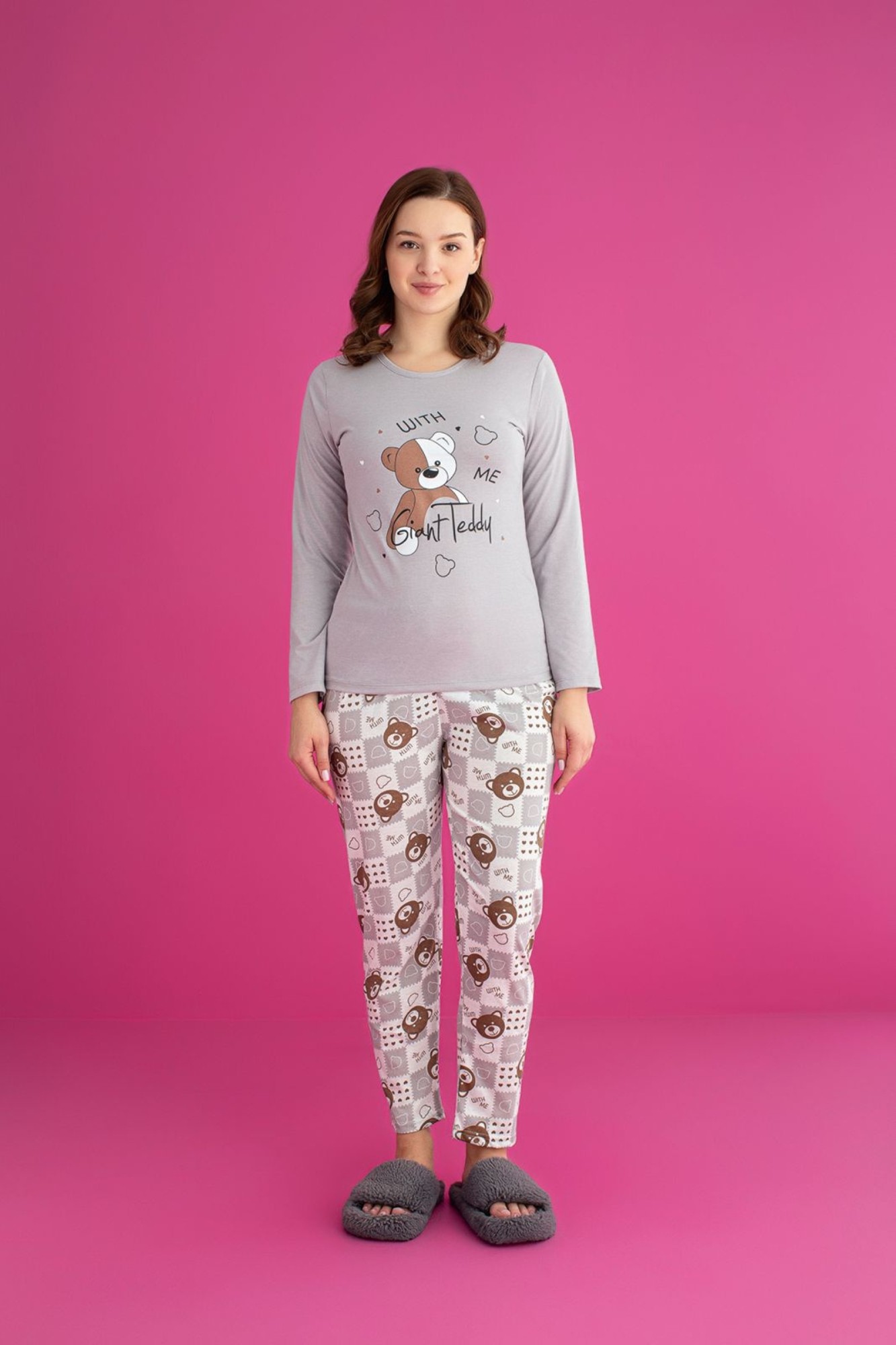 Dreamy Pamuklu Desenli Uzun Kollu Kadın Pijama Takımı - Gri