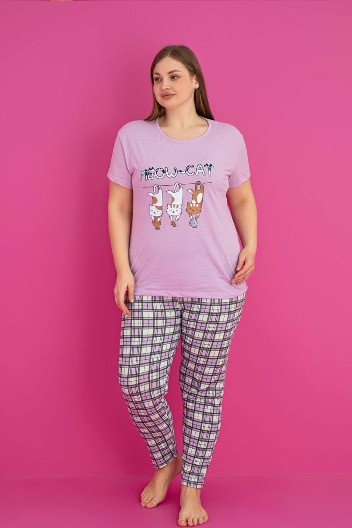 X-Dreamy Büyük Beden Pamuklu Desenli Kısa Kollu Pijama Takımı - Lila