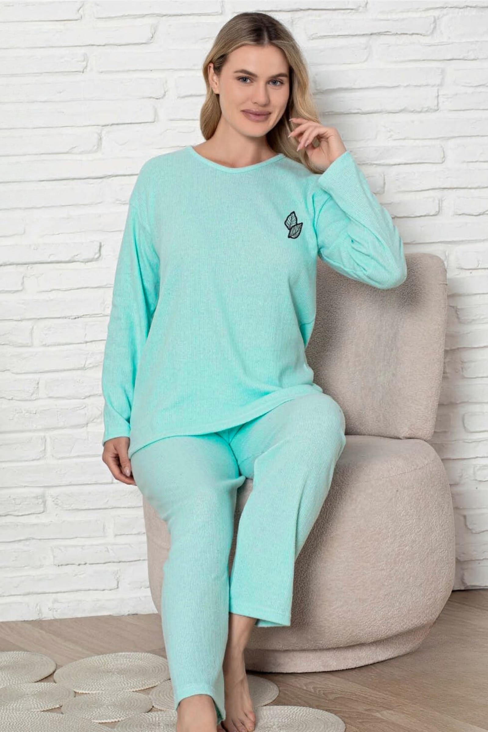 Kalın Kışlık İnterlok Şeritli Uzun Kollu Örme Pijama Takımı - Bebe Mavisi