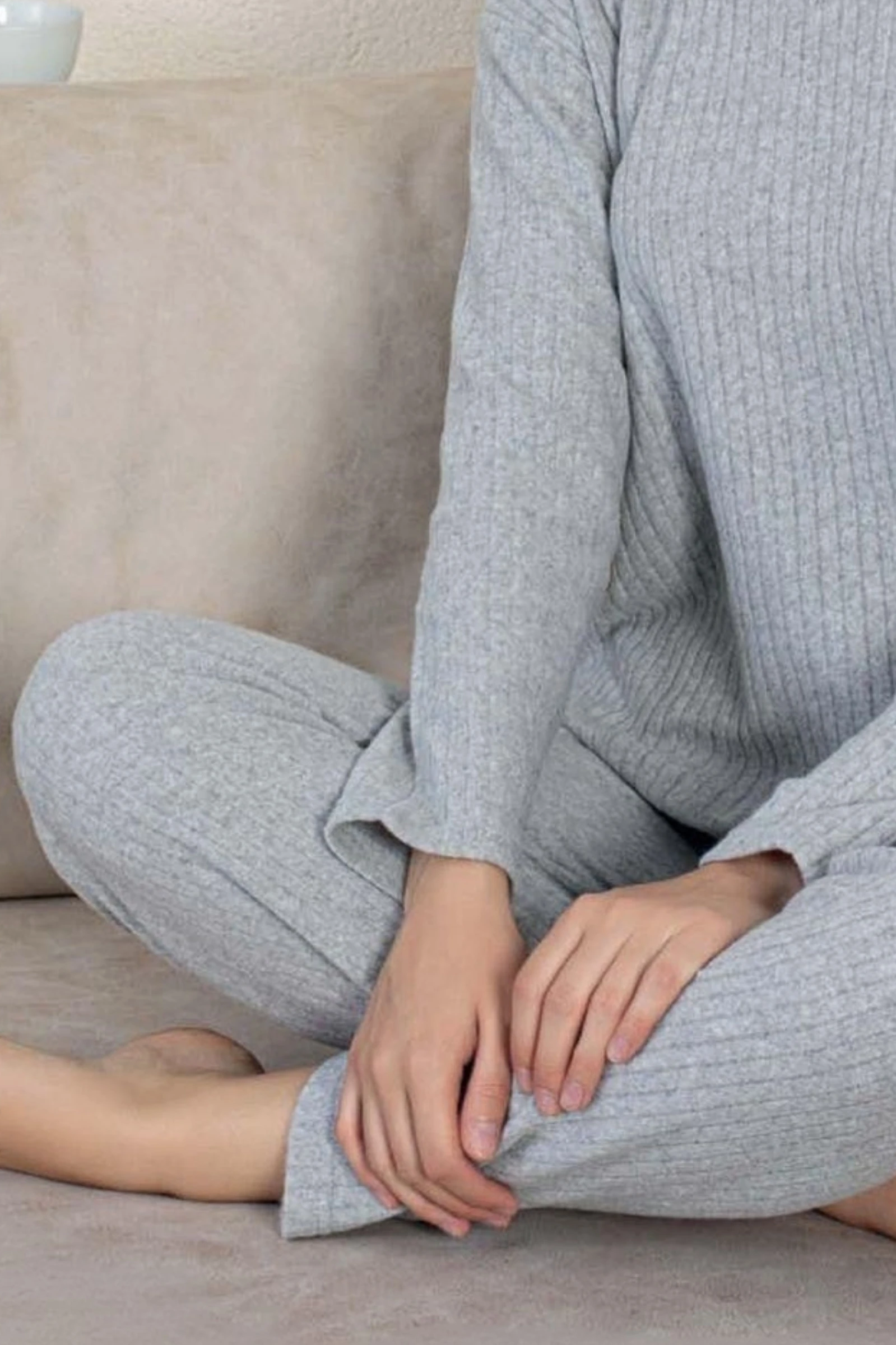 Pamuklu Kalın Kışlık İnterlok Şeritli Uzun Kollu Örme Pijama Takımı - Gri