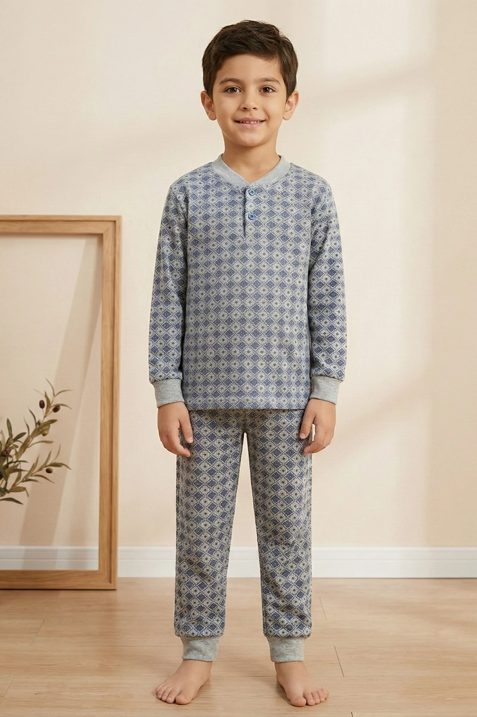 Pamuklu 2 iplik Şardonlu Manşetli Düğmeli Yaka Erkek Çocuk Pijama Takımı