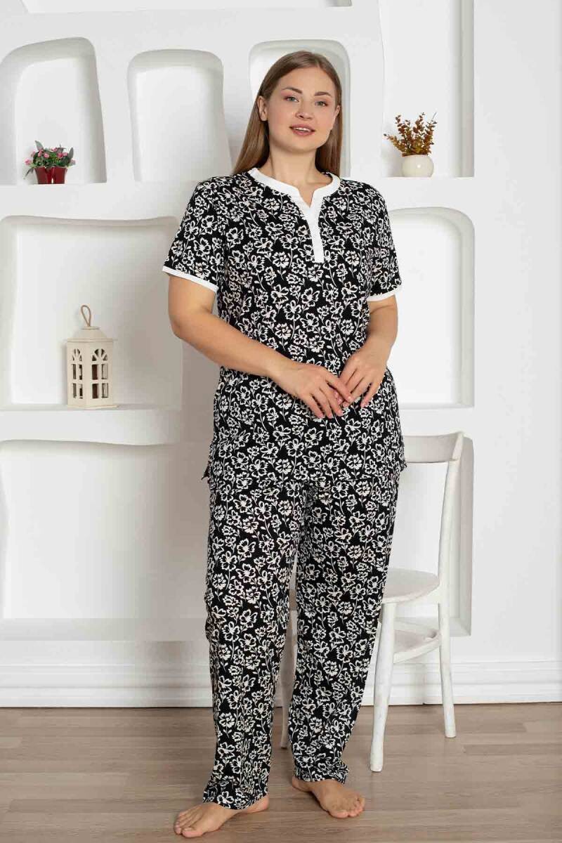 X-Dreamy Büyük Beden Likralı Pamuklu Çiçekli Kısa Kollu Pijama Takımı - Siyah