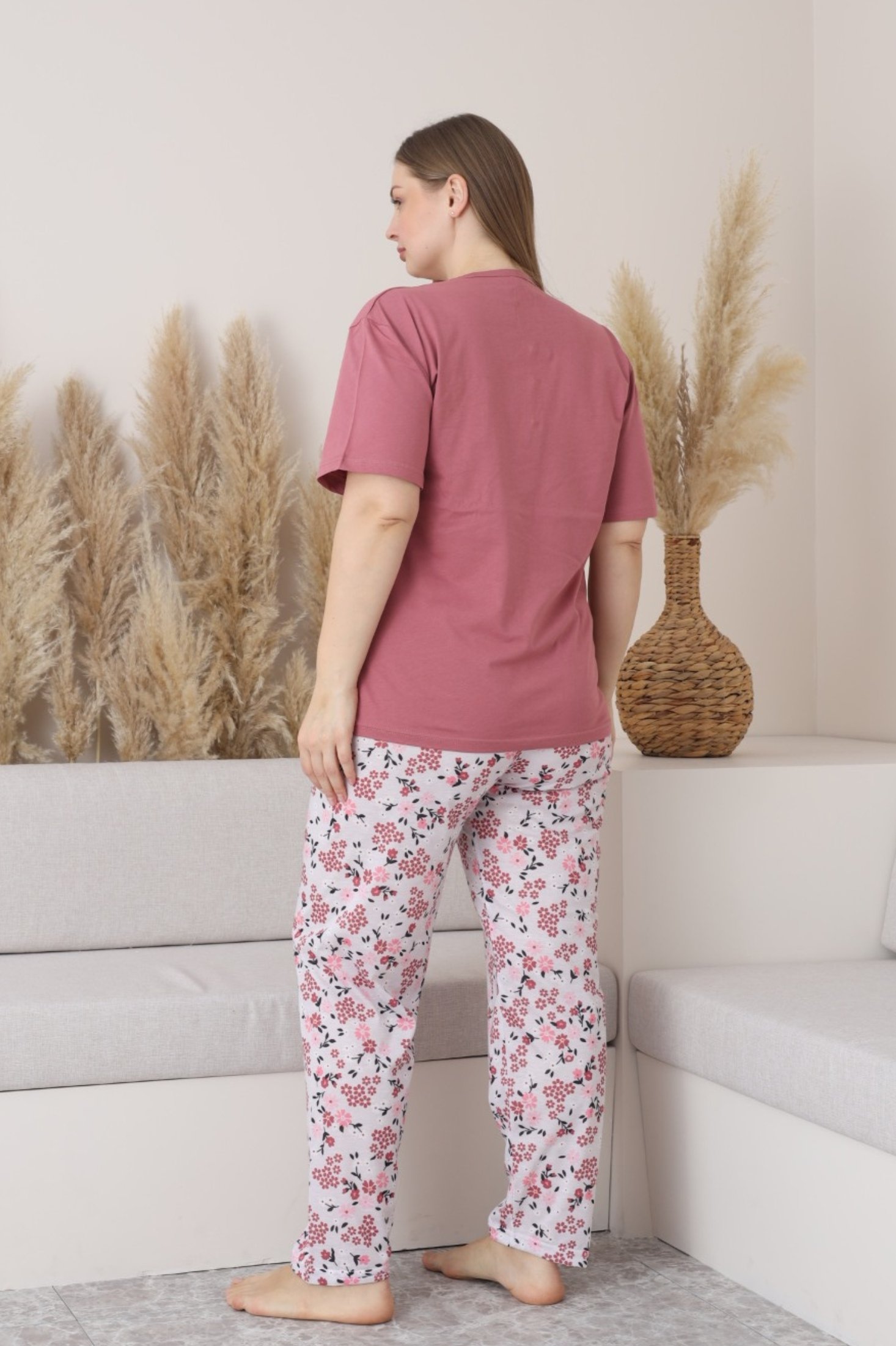 X-Dreamy Büyük Beden Pamuklu Düğmeli Yaka Kısa Kollu Penye Pijama Takımı - Yavruağzı