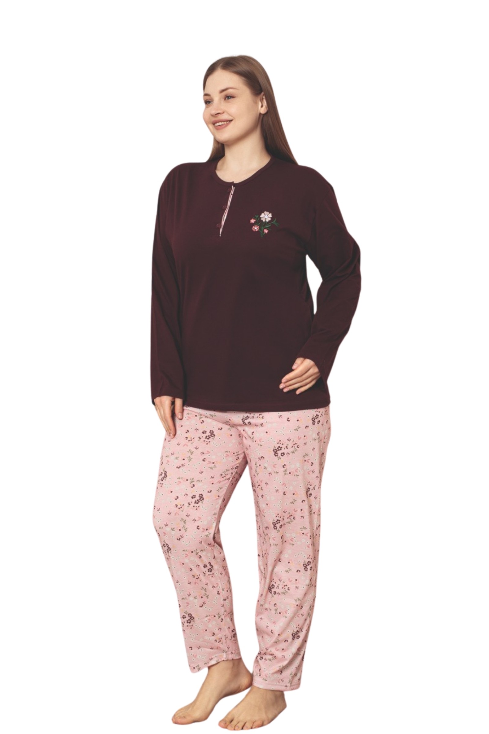 X-Dreamy Büyük Beden Pamuklu Düğmeli Yaka Uzun Kollu Penye Pijama Takımı - Bordo