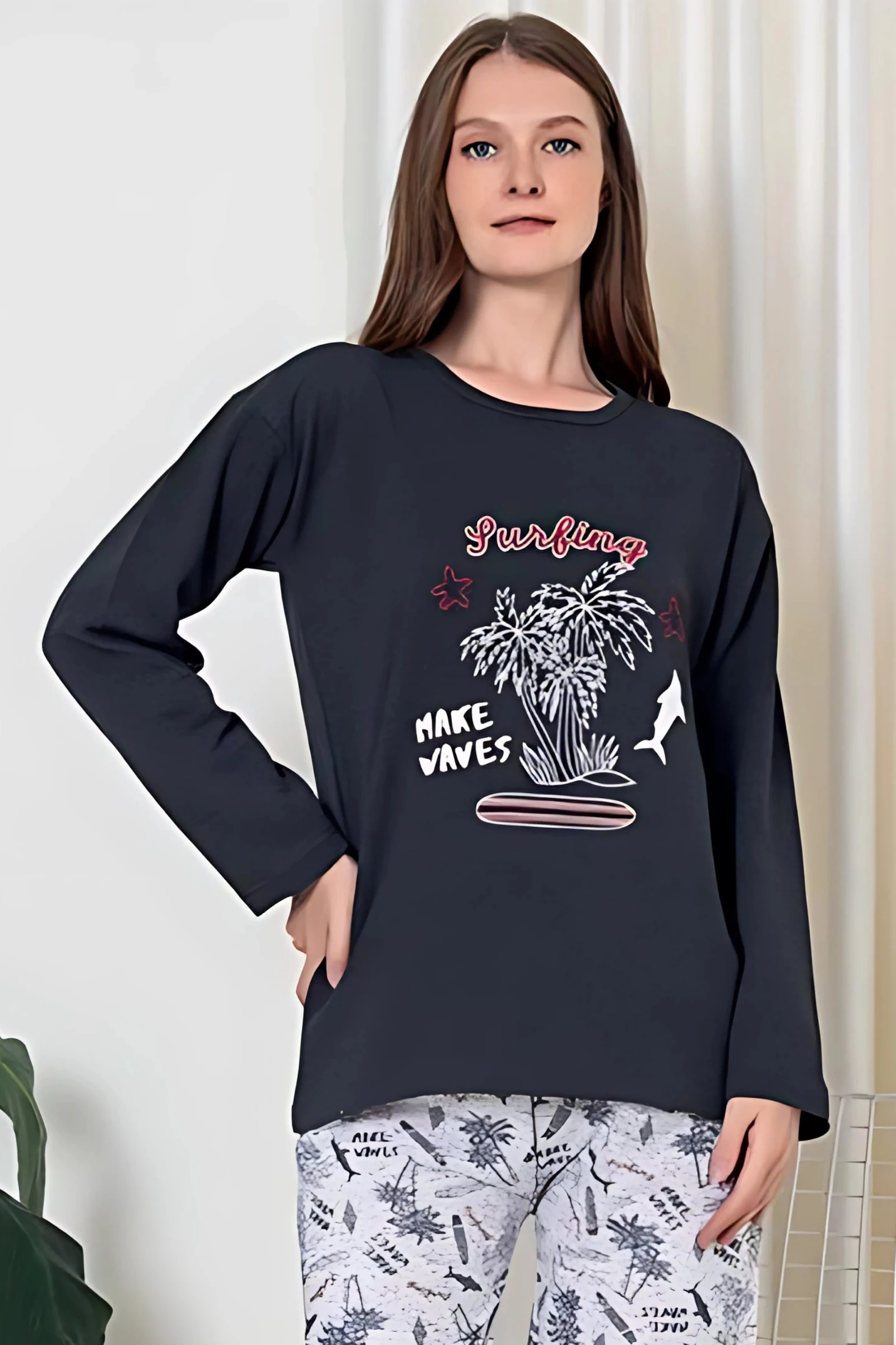 Dreamy Pamuklu Desenli 2 İplik Uzun Kollu Pijama Takımı - FÜME