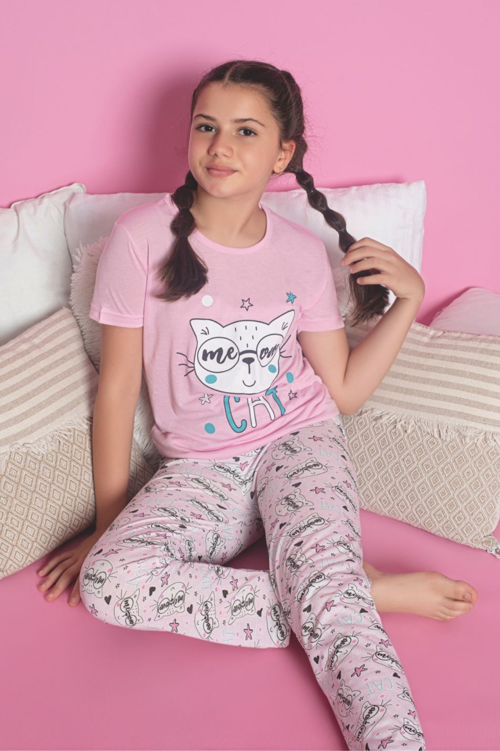 Faryakids Pamuklu Kısa Kollu Kedi Desenli Kız Çocuk Pijama Takımı - Pembe