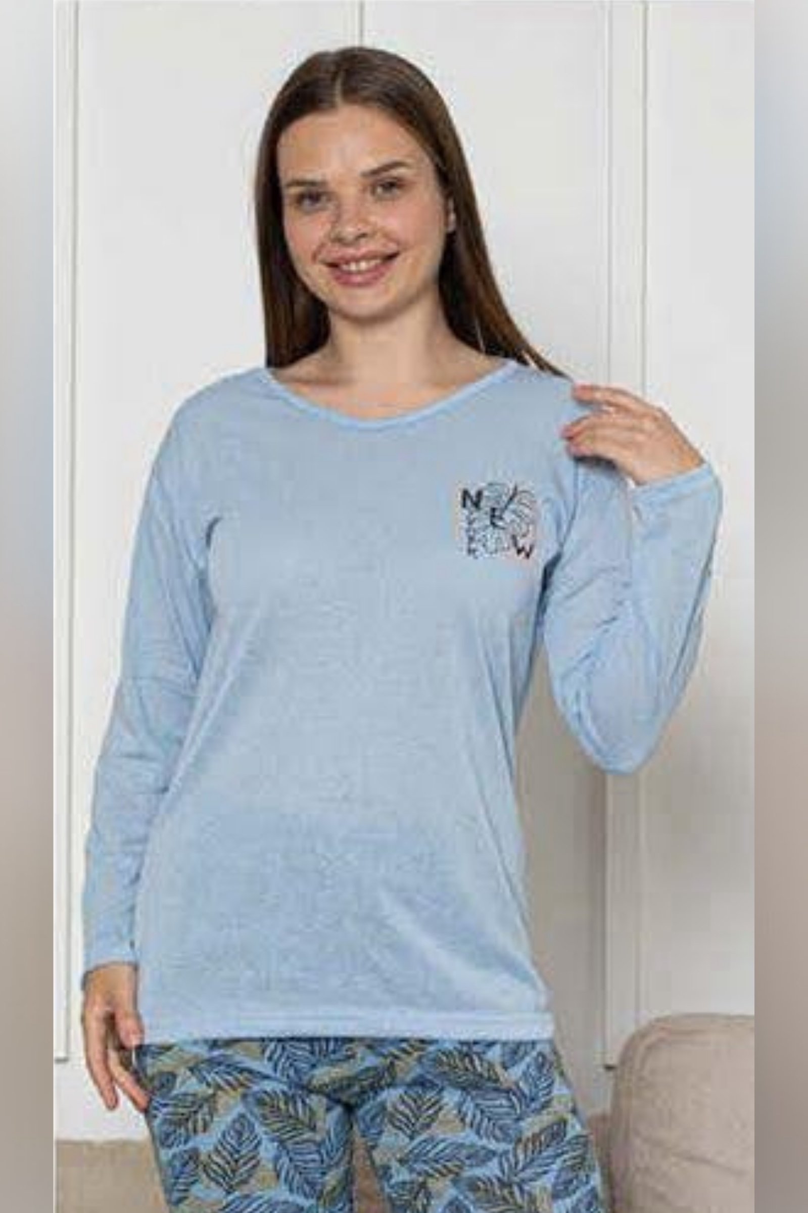Ecodream Uzun Kollu Desenli Ekonomik Kadın Pijama Takımı - Mavi