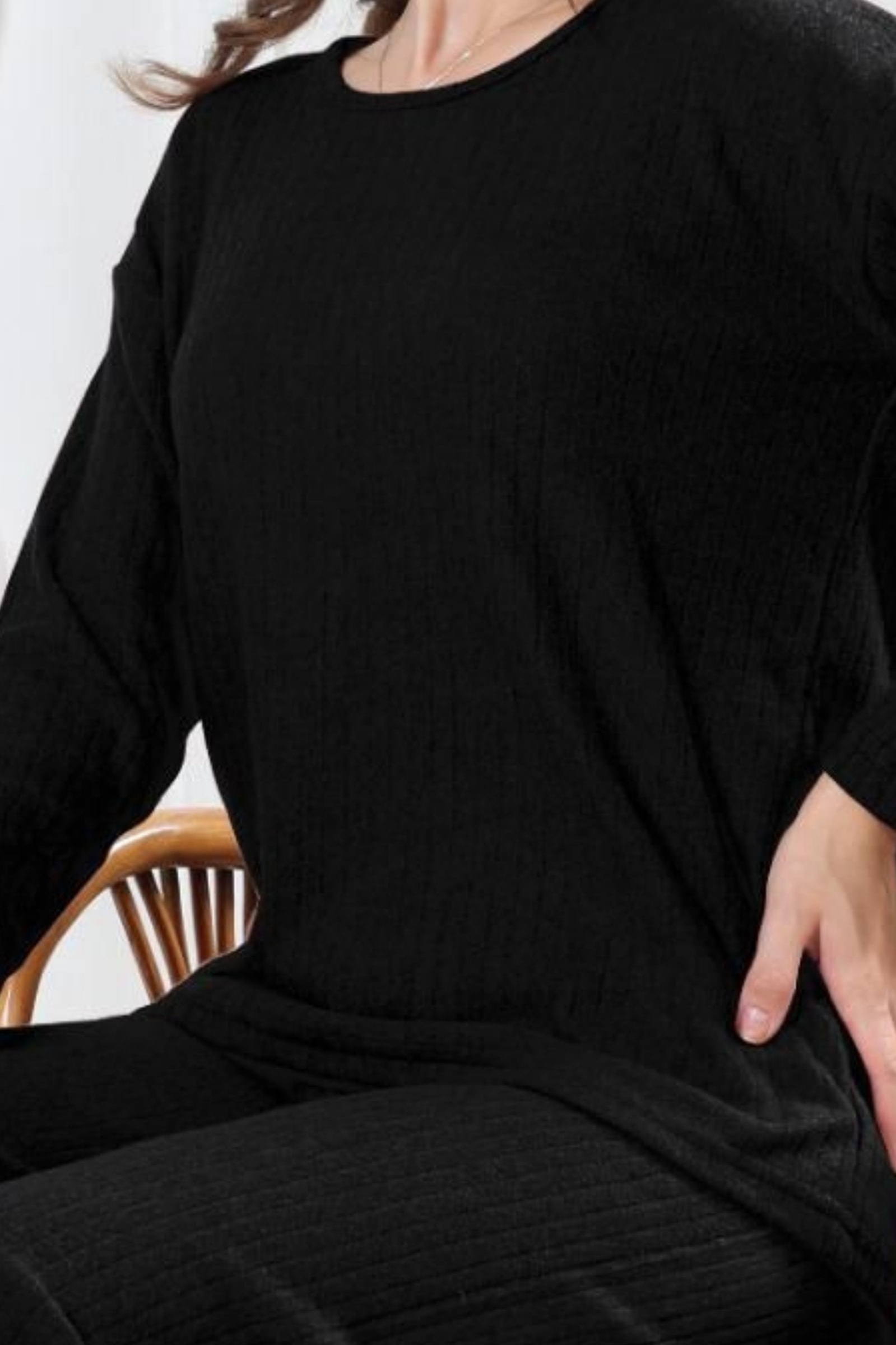 Pamuklu Kalın Kışlık İnterlok Şeritli Uzun Kollu Örme Pijama Takımı - Siyah