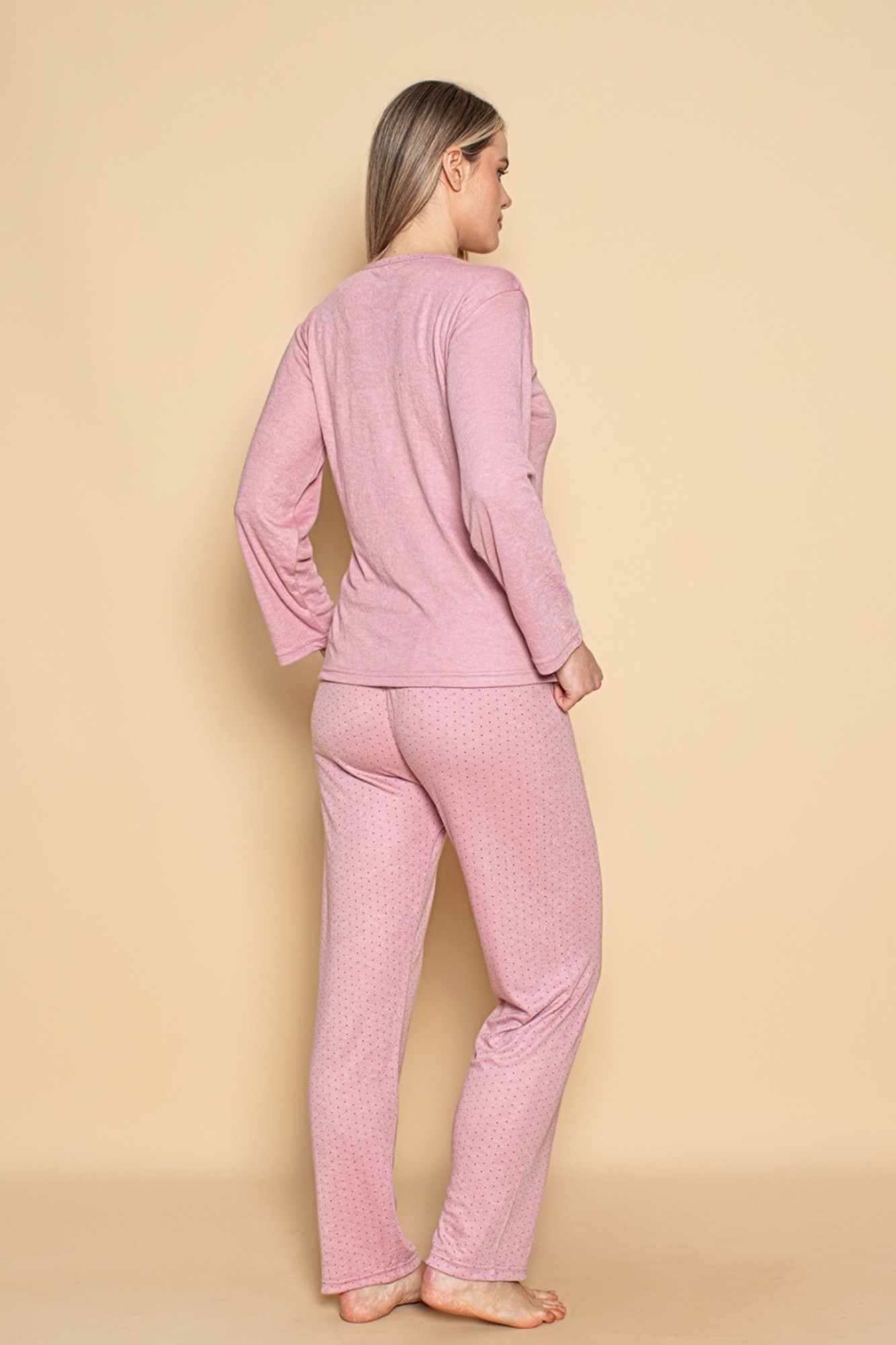 Dreamy Bambu Uzun Kollu Puantiyeli Düğmeli Yaka Pijama Takımı - Pembe Puantiyeli