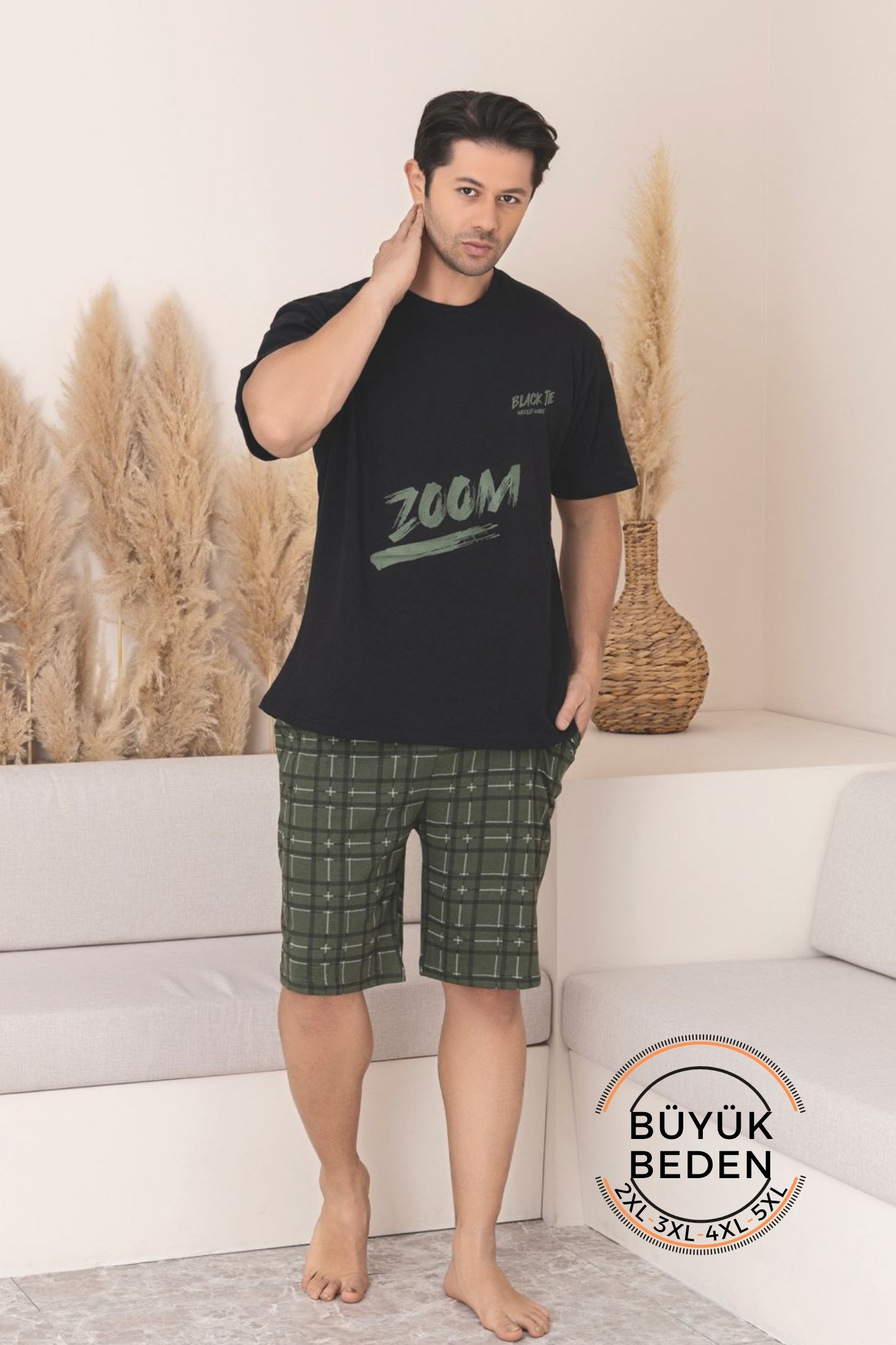 Büyük Beden Pamuklu Cepli Kısa Kollu Şortlu Erkek Pijama Takımı - Siyah