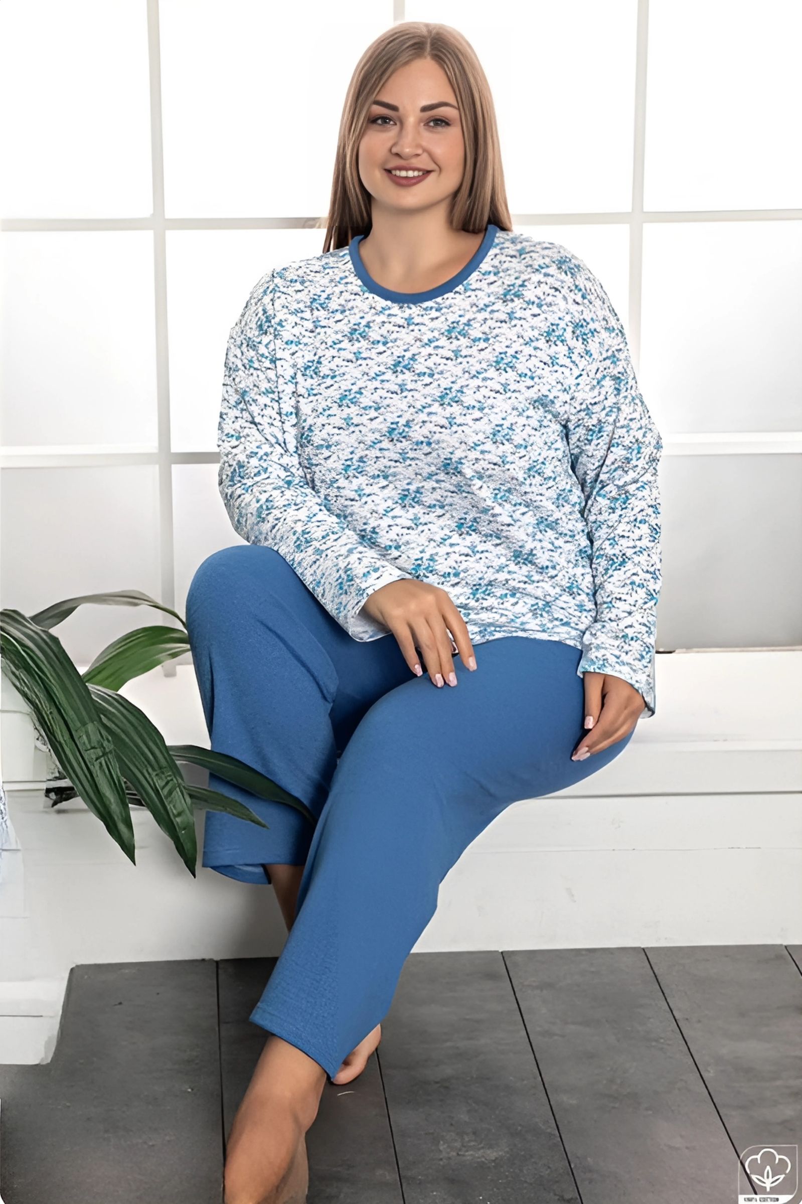 X-Dreamy Büyük Beden Pamuklu Desenli Uzun Kollu Pijama Takımı