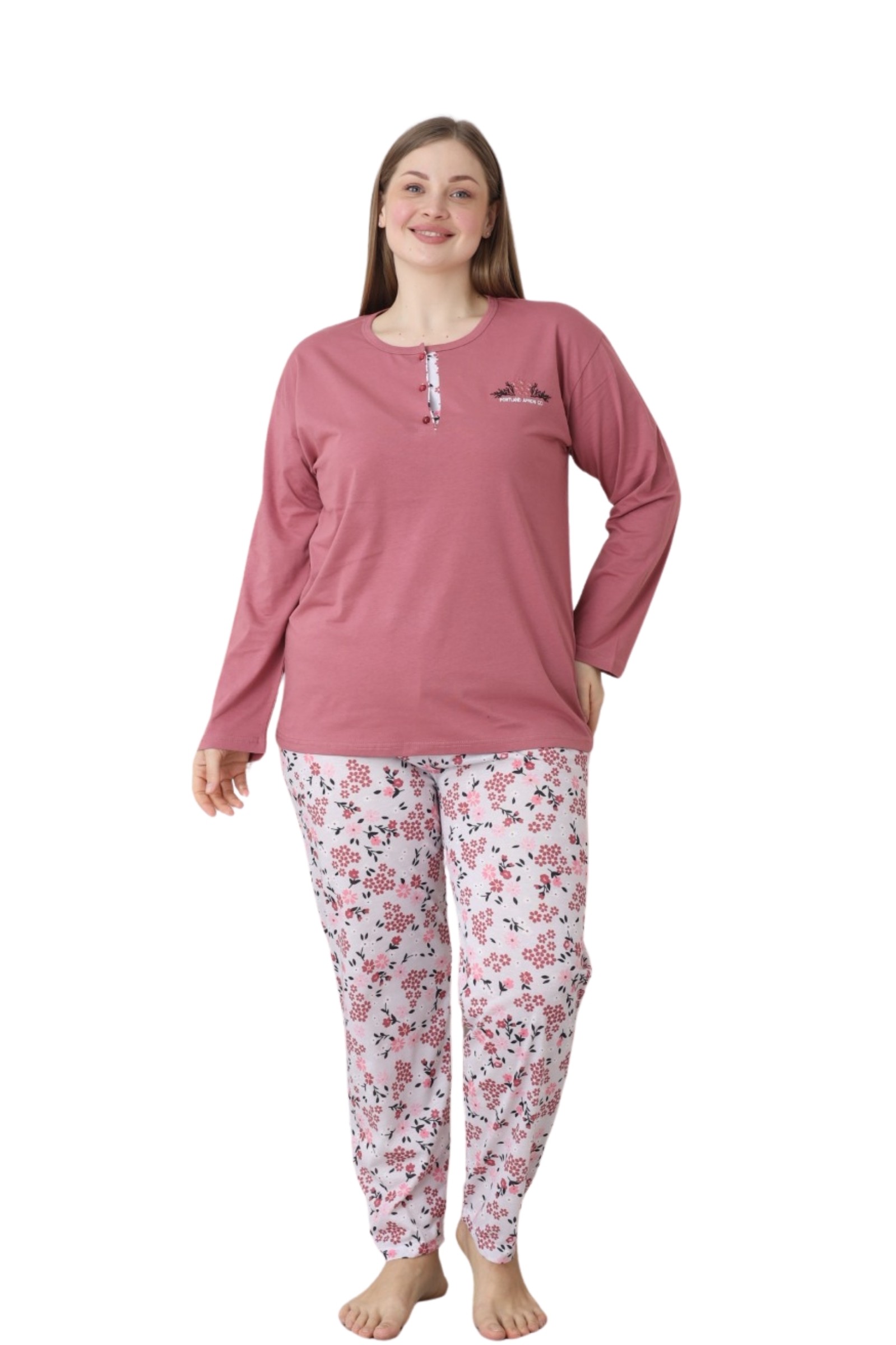 X-Dreamy Büyük Beden Pamuklu Düğmeli Yaka Uzun Kollu Penye Pijama Takımı - Yavruağzı