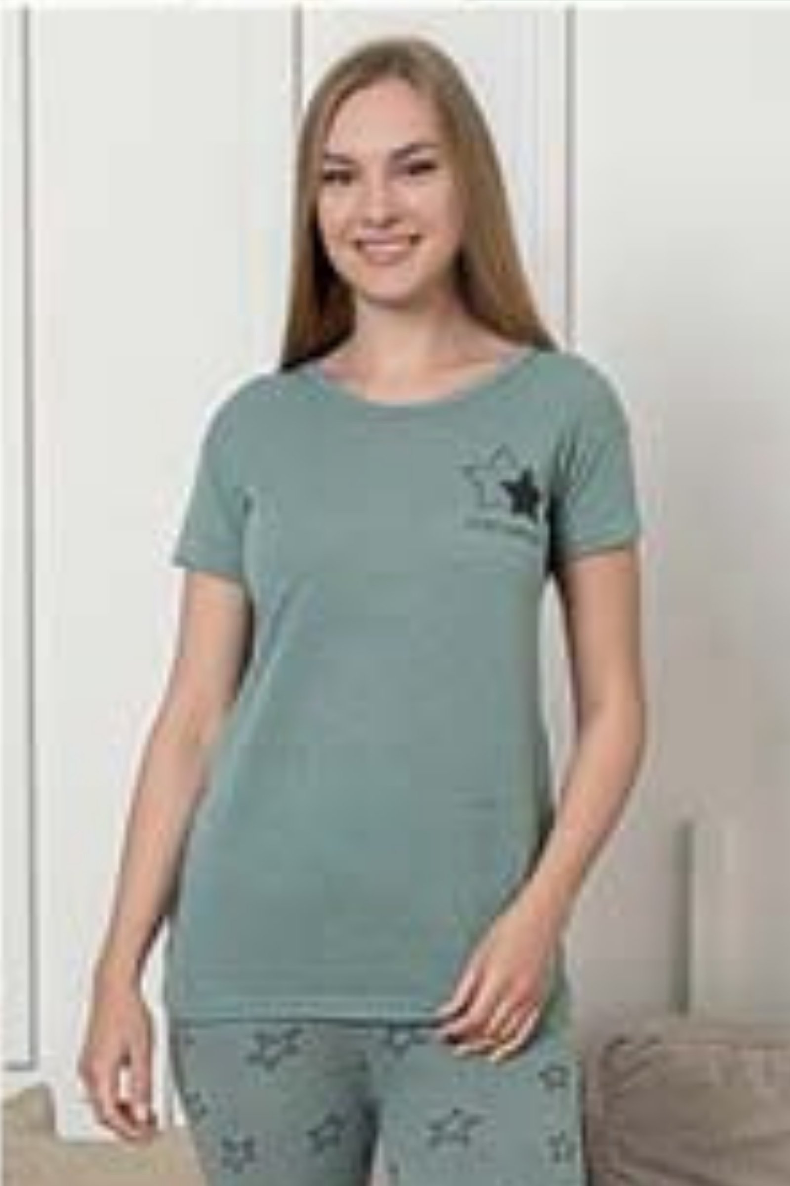 Ecodream Kısa Kollu Desenli Ekonomik Kadın Pijama Takımı - Yeşil