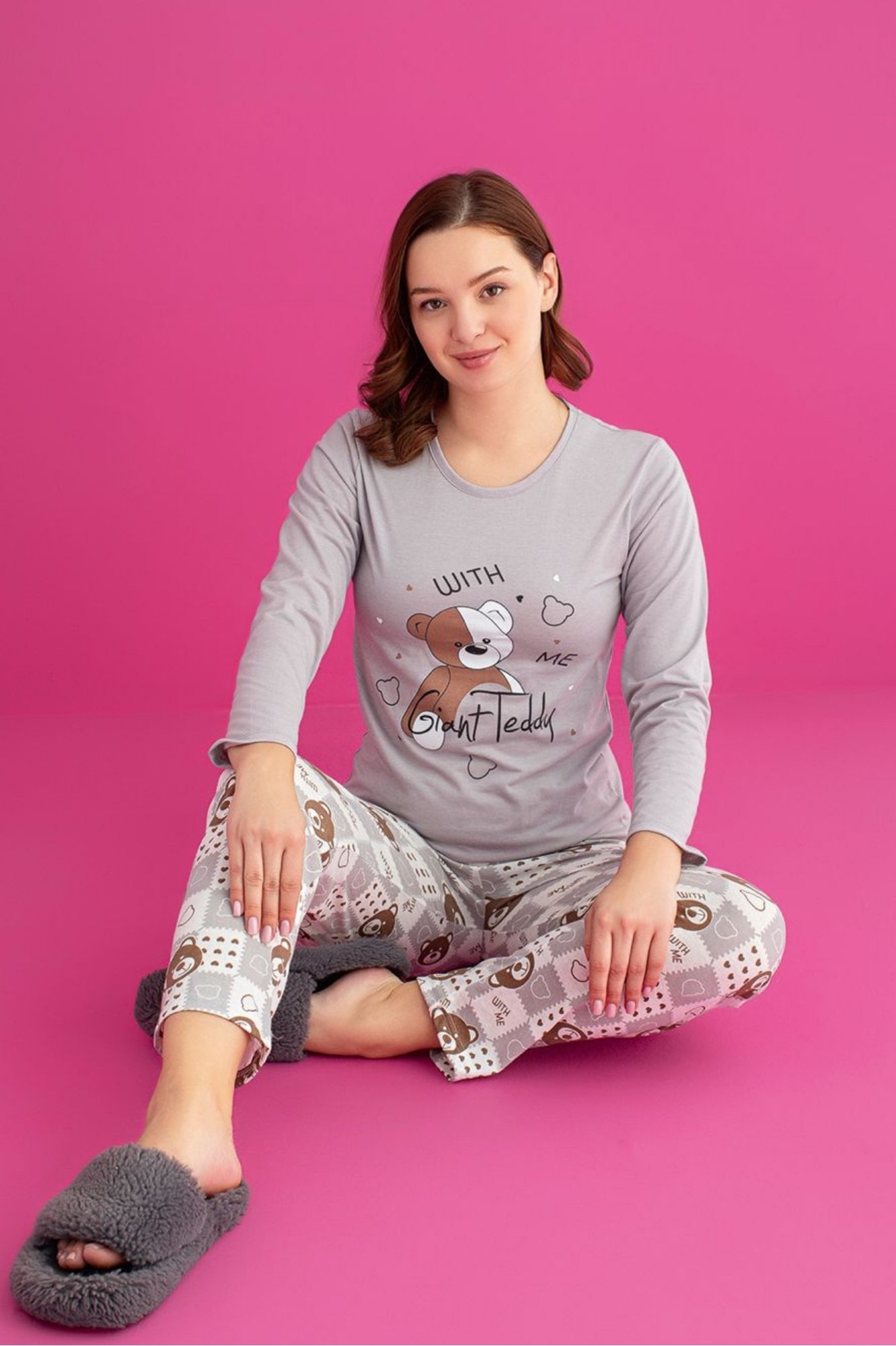 Dreamy Pamuklu Desenli Uzun Kollu Kadın Pijama Takımı - Gri