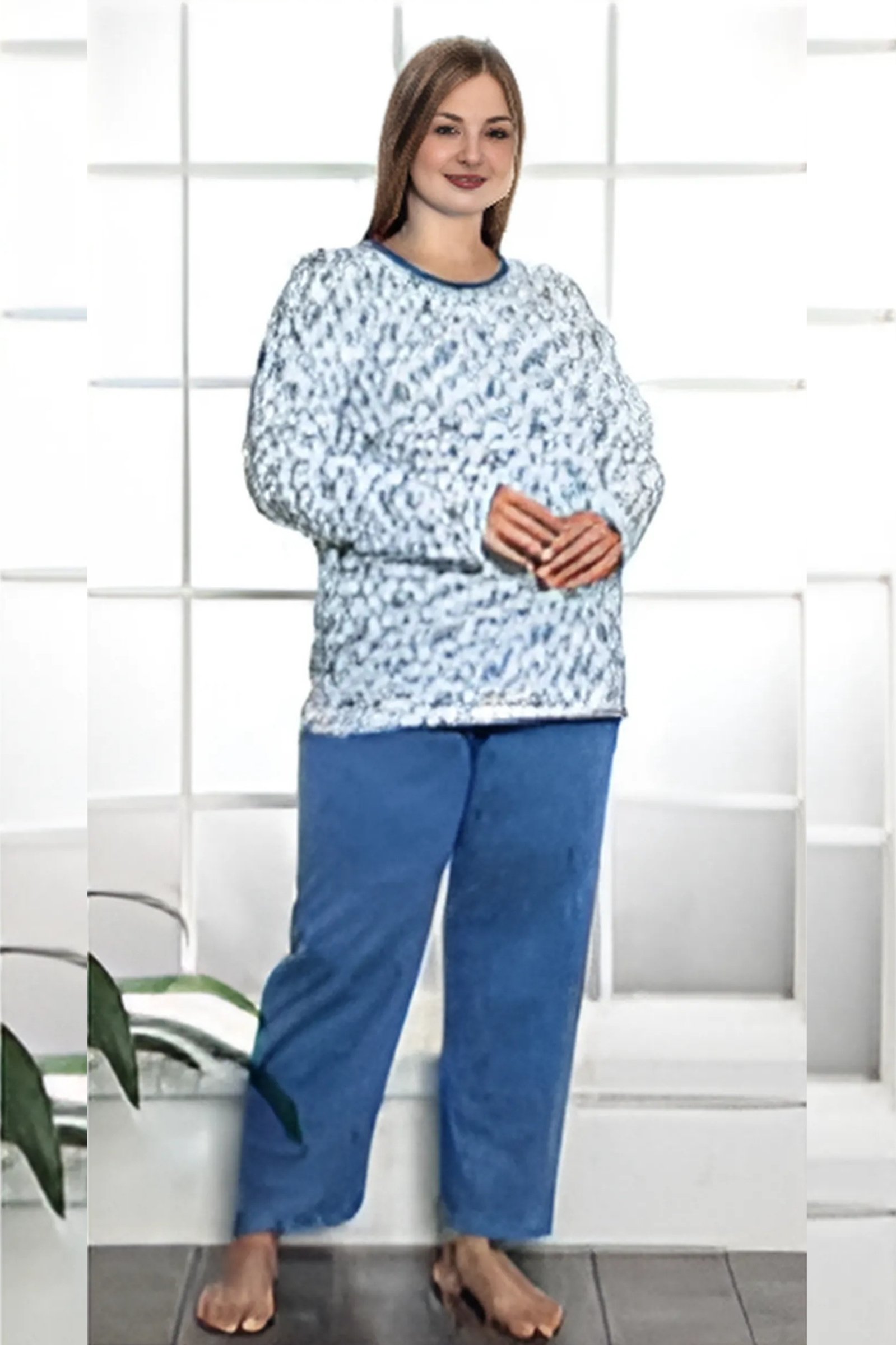 X-Dreamy Büyük Beden Pamuklu Desenli Uzun Kollu Pijama Takımı