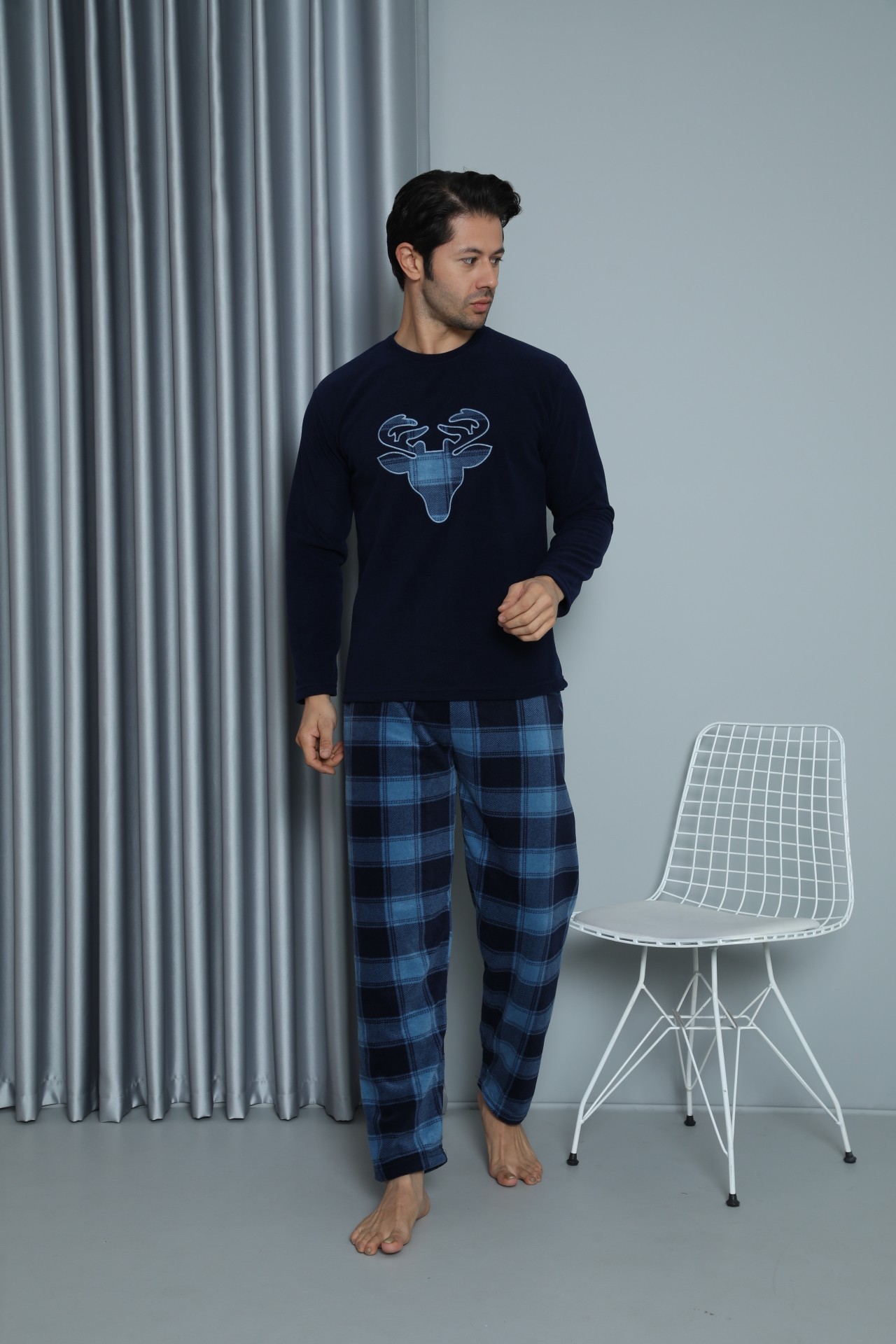 Luxury Soft Polar Ekose Kareli Boğa Desenli Erkek Pijama Takımı - Lacivert